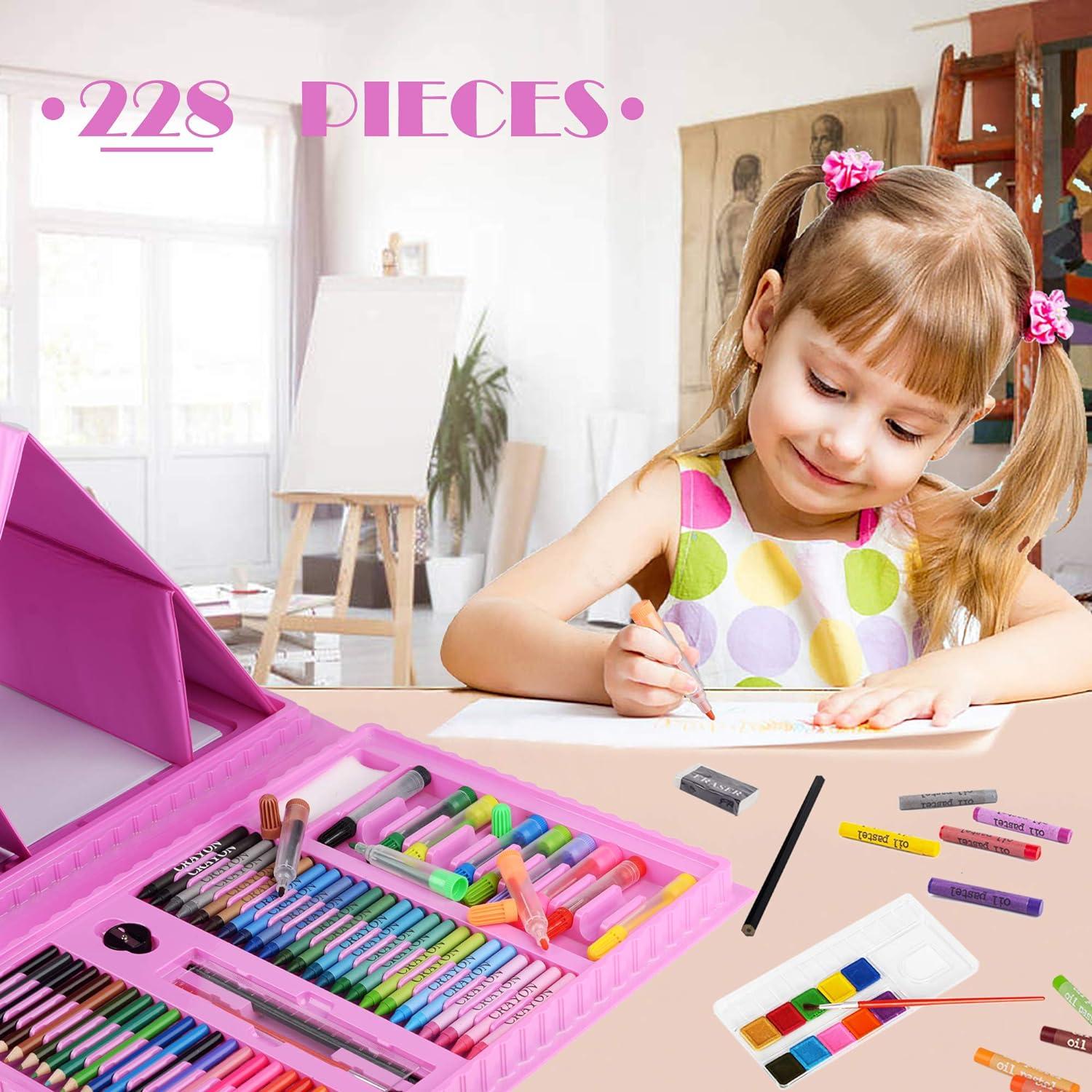 KINSPORY Art Supplies 228 Pack Art Sets Crafts Drawing Coloring kit  Double-Side Trifold Art Easel Oil Pastels Crayons Colored Pencils Creative  Gift for Beginners Artists Girls Boys Kids (Pink) Pink 228PC