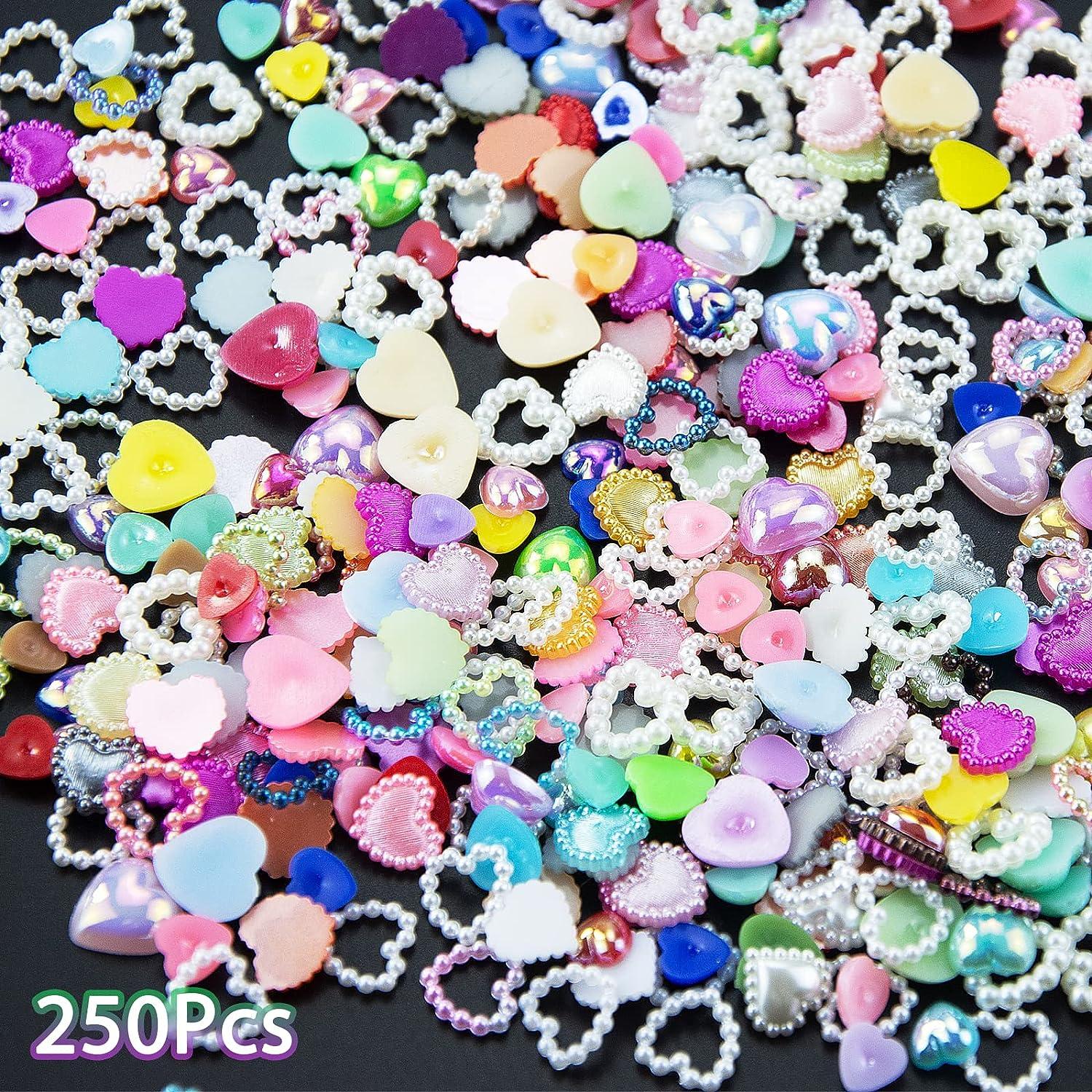 500Pcs Mixed Styles AB Color Half Pearls Heart Nail Beads Flatback Hollow  White Assorted Pearls Heart