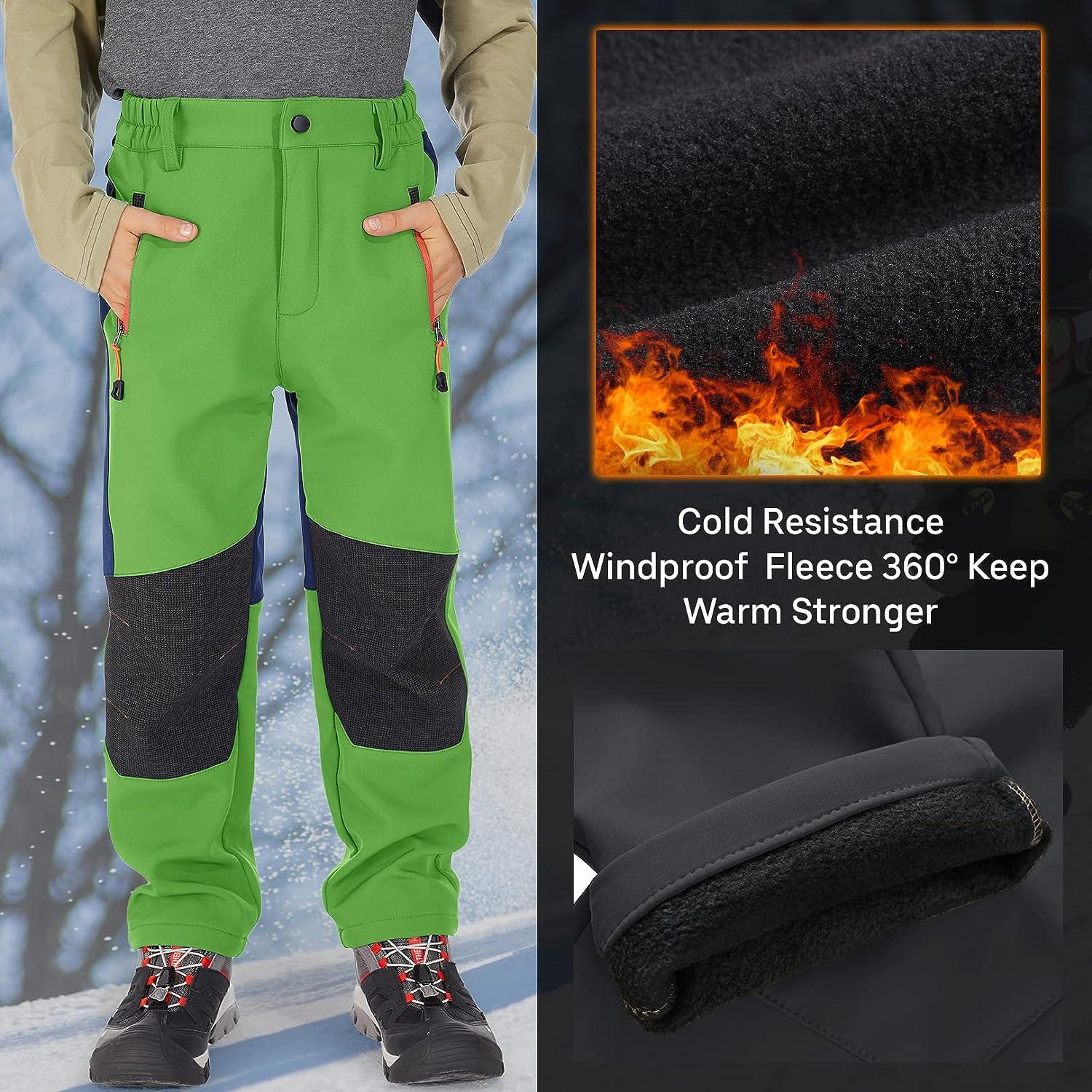 Kids Boy's Youth Windproof Waterproof Hiking Ski Snow Pants, Soft Shell  Expandable Waist Warm Insulated Trousers 16010 Green 6-7 Years