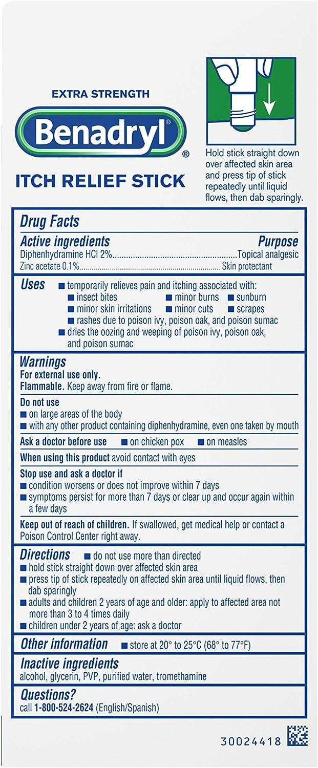 Benadryl Extra Strength Itch Relief Stick Diphenhydramine HCL Topical  Analgesic & Zinc Acetate to Relieve Skin Itching & Pain Associated with Insect  Bites Sunburn & More 0.47 fl. oz
