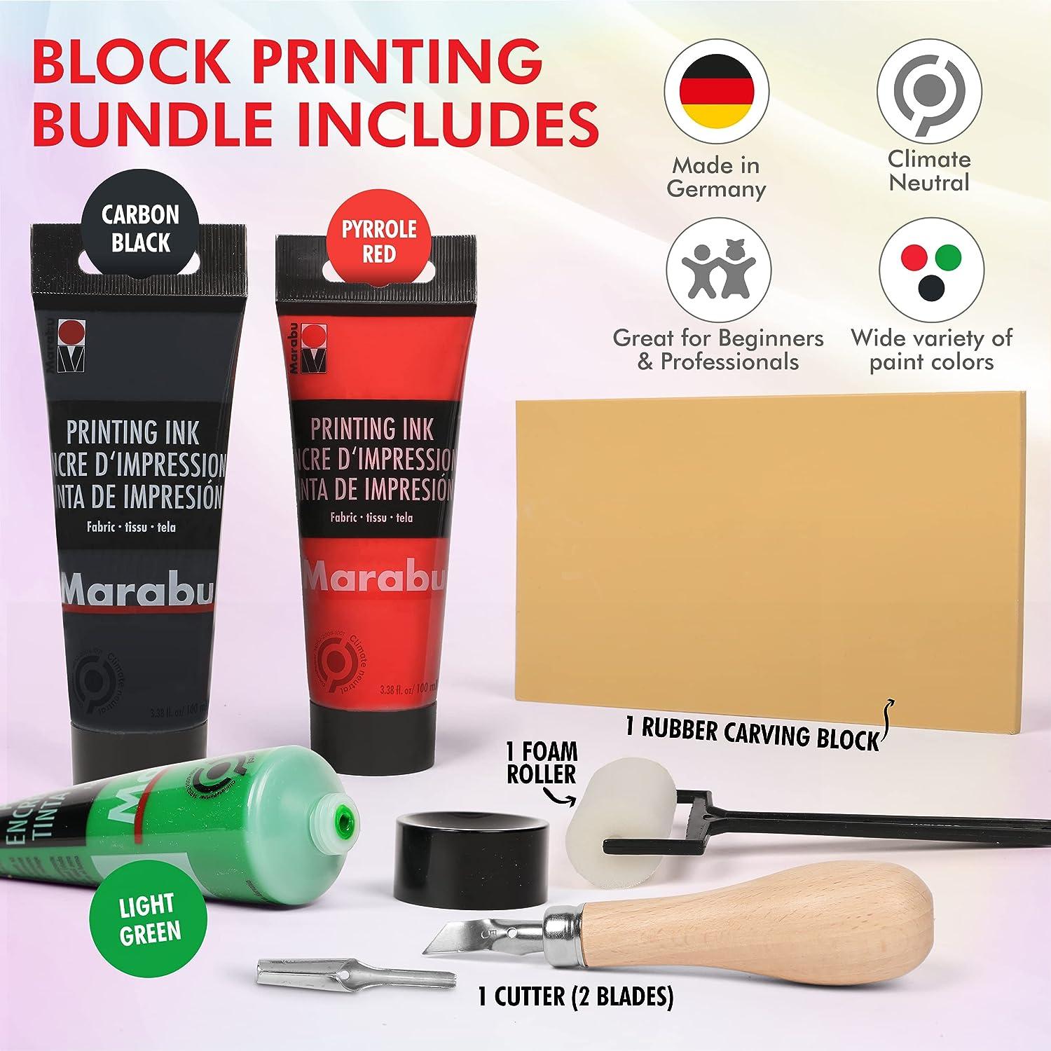 Marabu Block Printing Kit - Linocut Kit with 3 x 100ml Block Printing Ink,  Cutter, Rubber Block, and Block Printing Brayer Roller - Linoleum  Printmaking Kit, Block Printing Starter Kit - 6pc Set