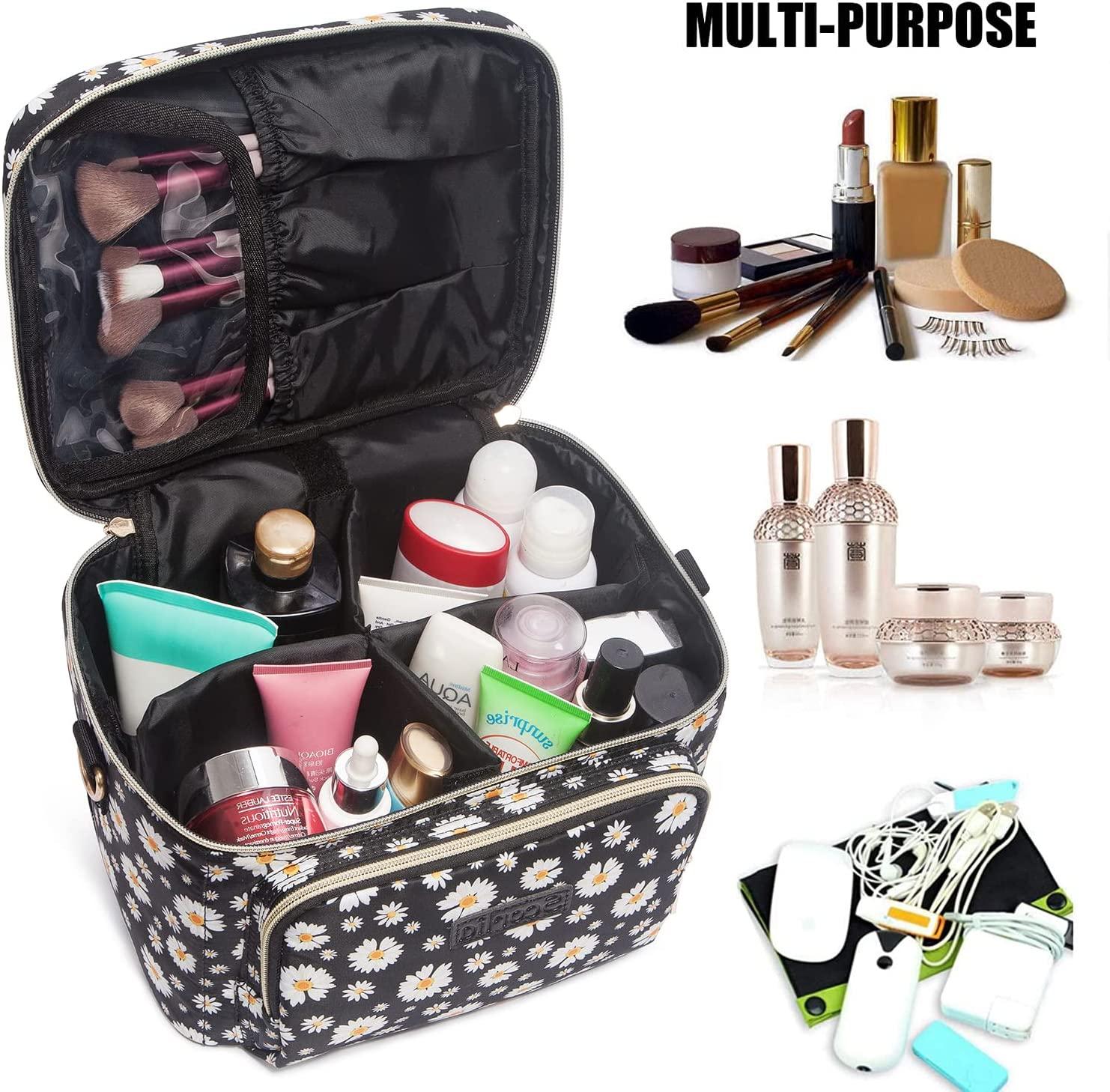 Scorila Travel Makeup Bag for Women - Large Cosmetic Organizer with Adjustable Dividers and Brush Holder - Portable Toiletry Bag for Girls - Black with White Flower Design | Buy Now with Scorila Travel Makeup Bag for Women - Large Cosmetic Organizer with Adjustable Dividers and Brush Holder - Portable Toiletry Bag for Girls - Black with White Flower Design | Buy Now with