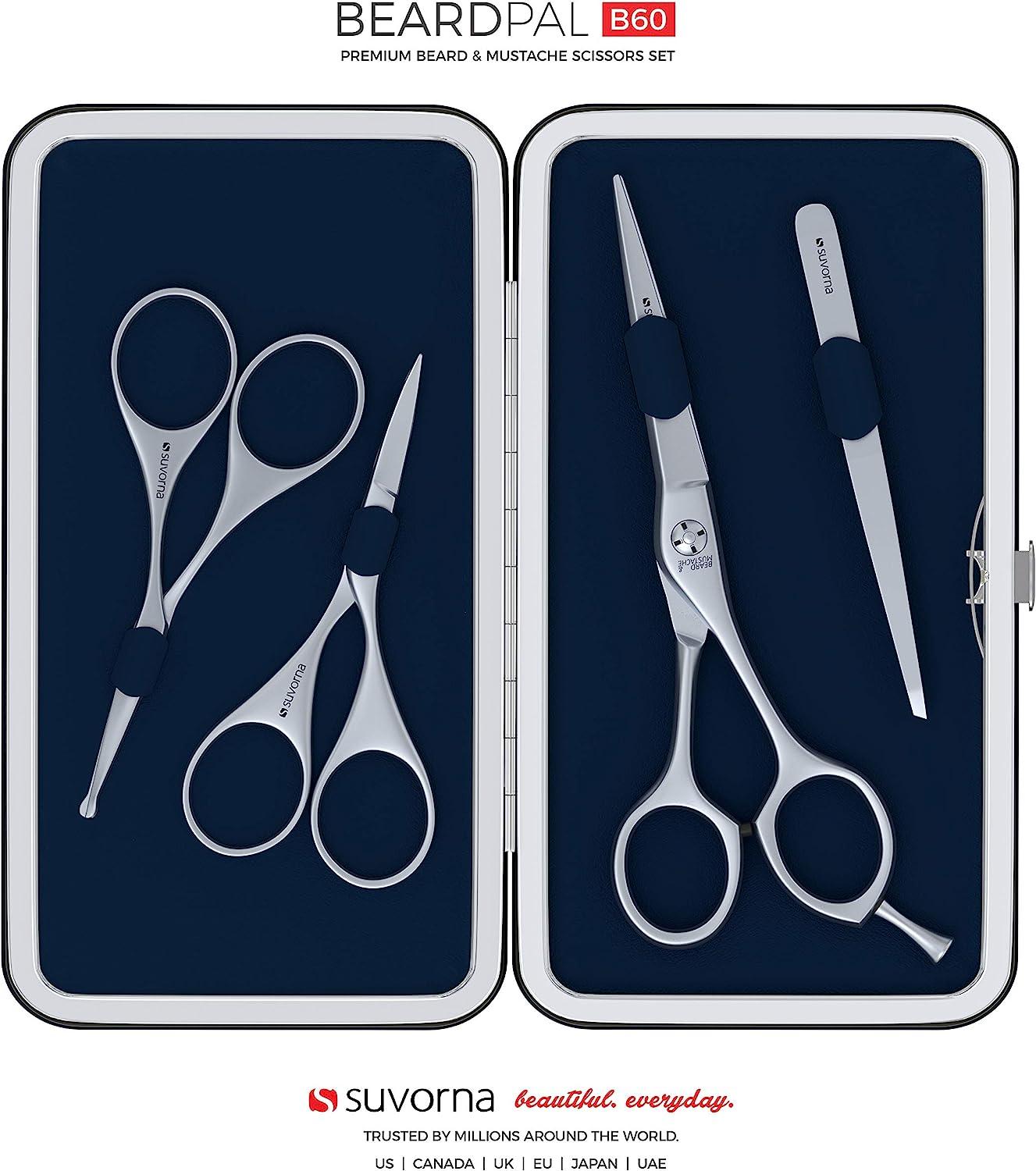 Suvorna 4 Pcs Beard trimming kit for men with 5.5" Mustache Scissors Beard Scissors Ear Scissors
