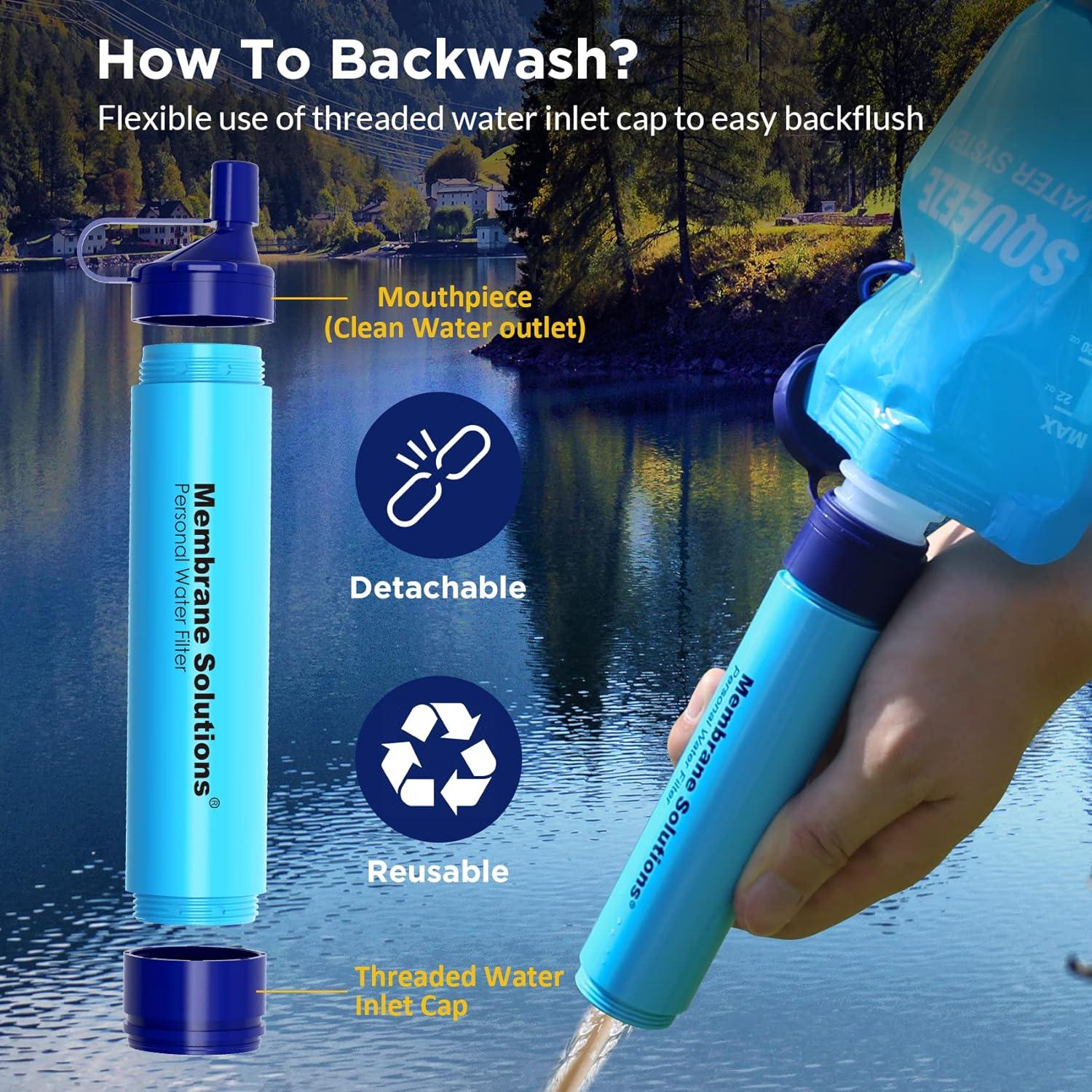 Membrane Solutions Squeeze Water Filtration System Survival Water Purifier  Kit Portable Backpacking Gear Including Water Filter Straw and 23oz  Collapsible Water Bottle for Hiking Camping Travel(1+2) Squeeze Filter Kit  W/ 2 Pouch