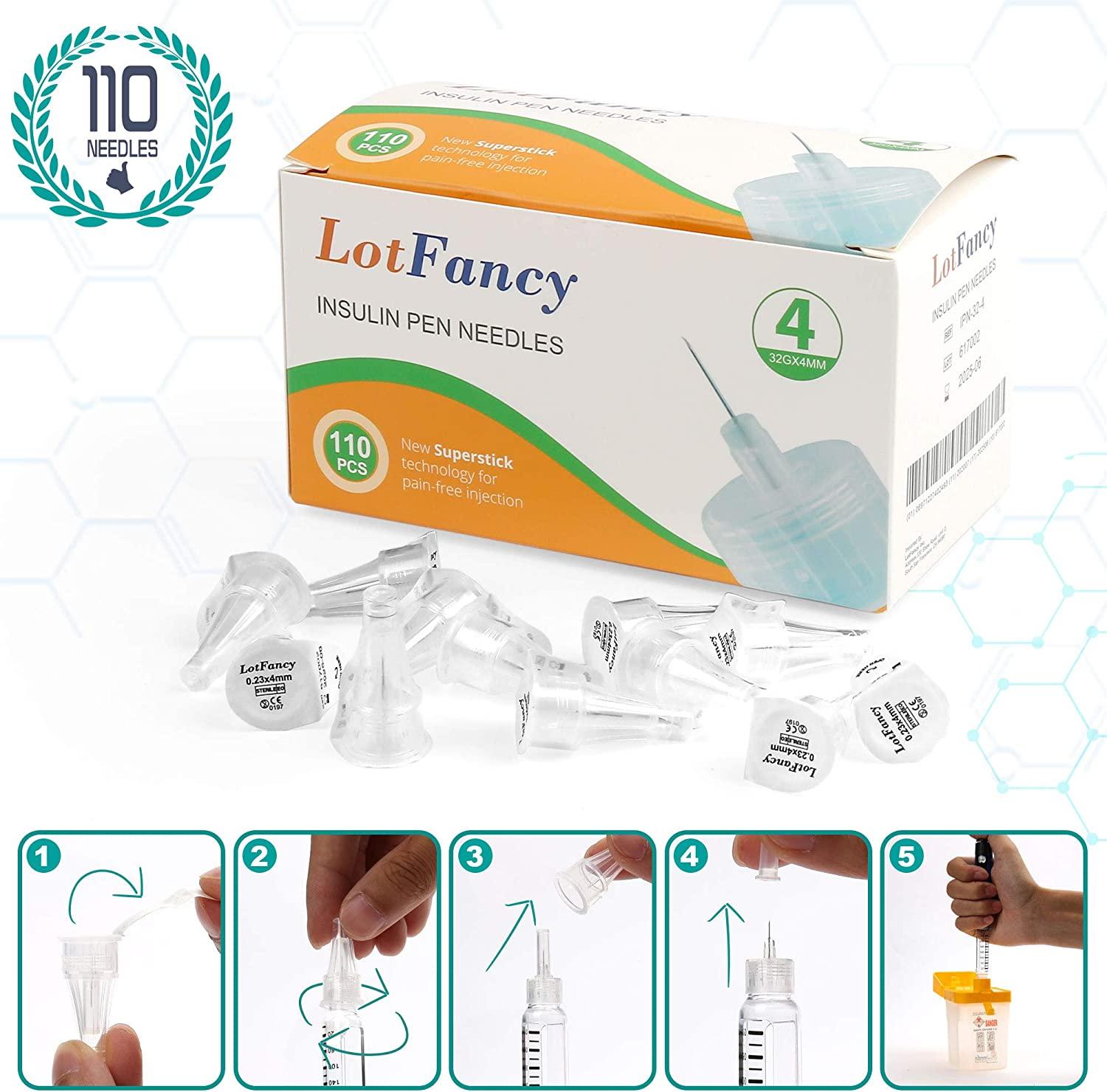 LotFancy Insulin Pen Needles, Pack of 110, 4mm x 32G (5/32), Diabetic