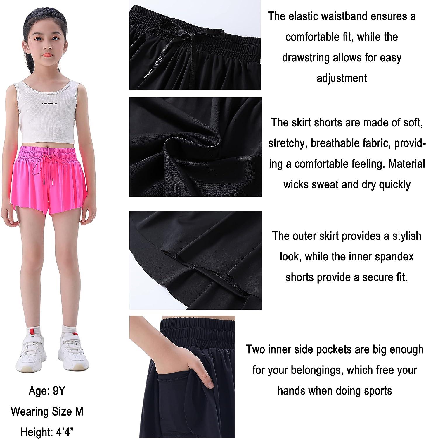 Girls Flowy Shorts with Pockets 2 in 1 Youth Teen Kids Athletic Butterfly  Skirts Running Sports Dance Skort Black X-Small