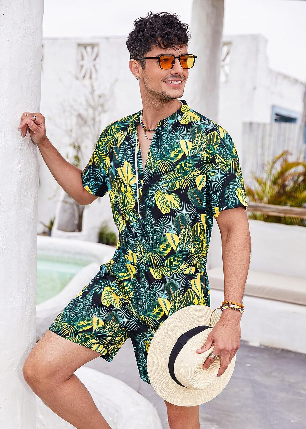 COOFANDY Men's One Piece Rompers Short Sleeve Hawaiian Floral Shirt Zipper Jumpsuit  Shorts Casual Beach Playsuit with Pockets Black-leaves X-Large