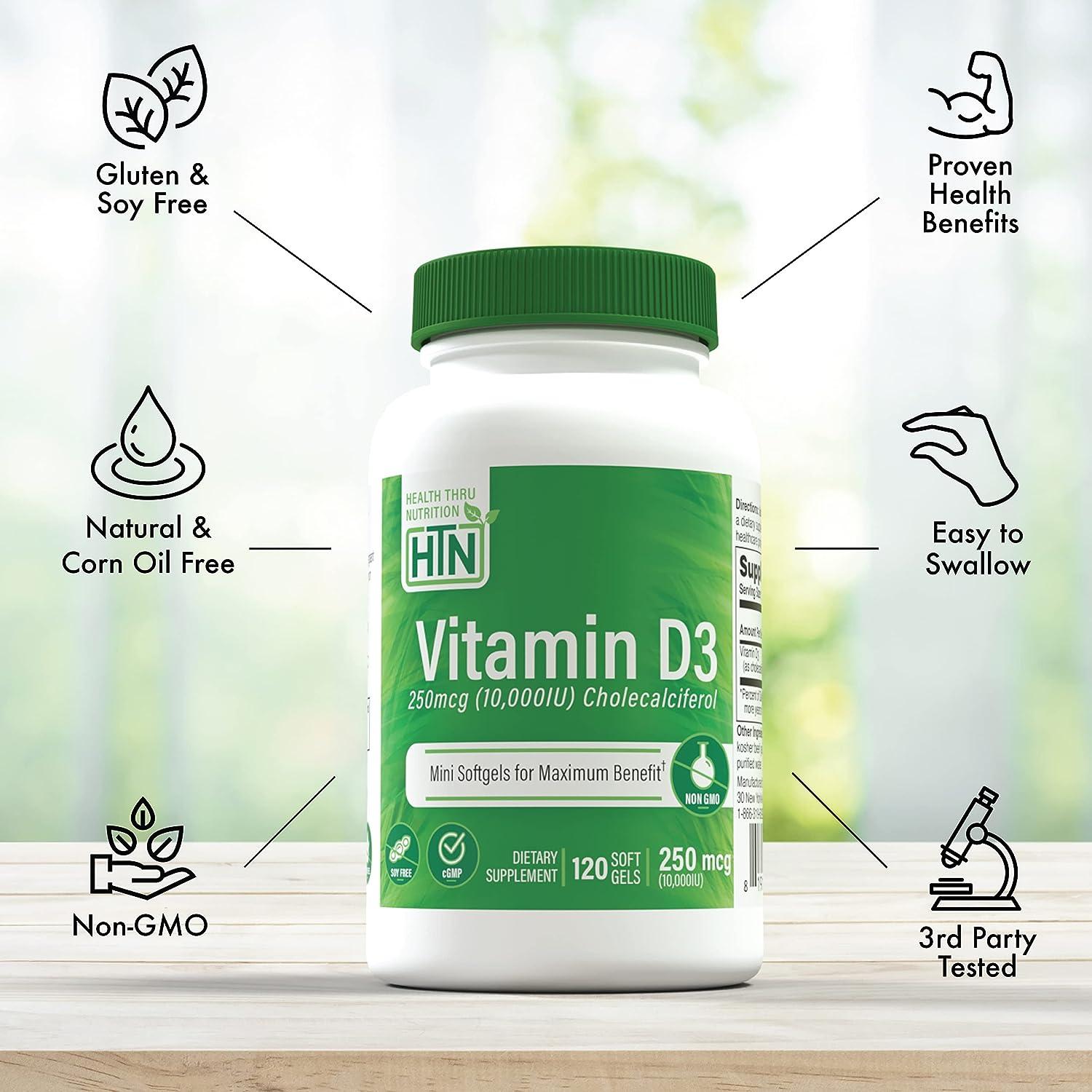 Health Thru Nutrition Vitamin D3 10 000 IU Non GMO 120 Mini Softgels