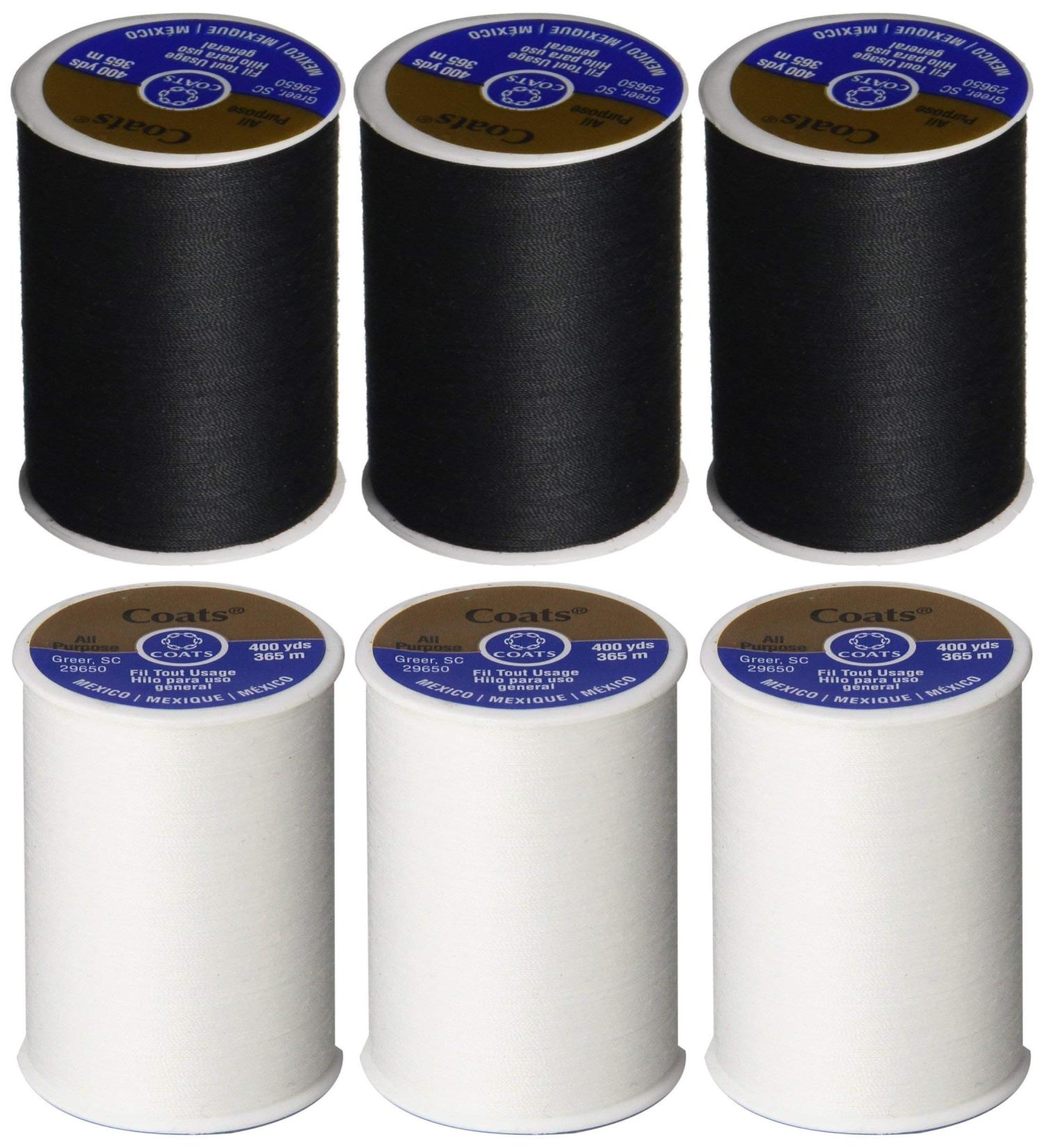 6 Pack Bundle - (3 Black + 3 White) - Coats & Clark Dual Duty All-Purpose  Thread - Three 400 Yard Spools each of BLACK & White Polyester