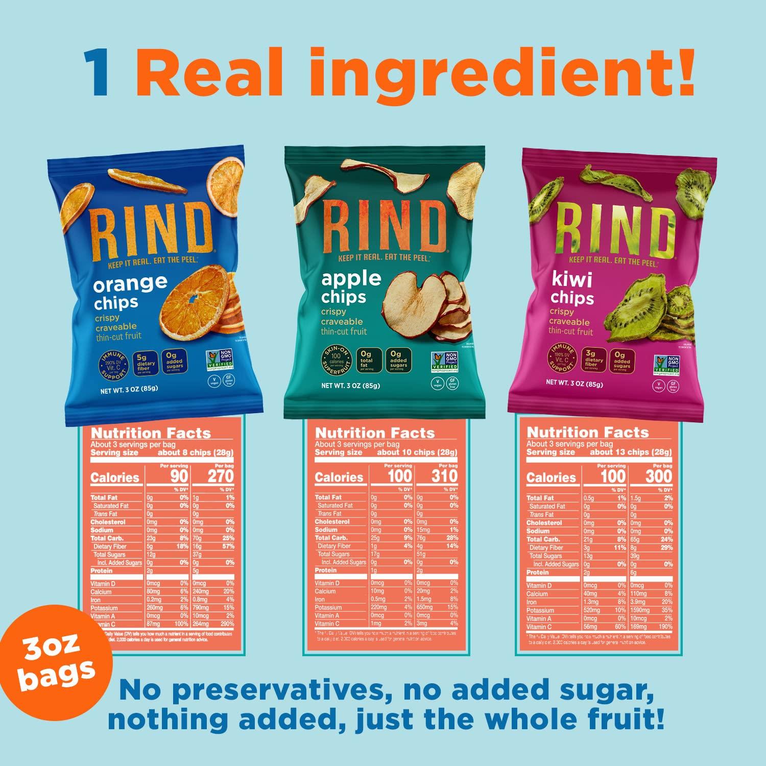 RIND Snacks Unsweetened Dried Fruit Chips Variety Pack with Apple, Orange, Kiwi, No Added