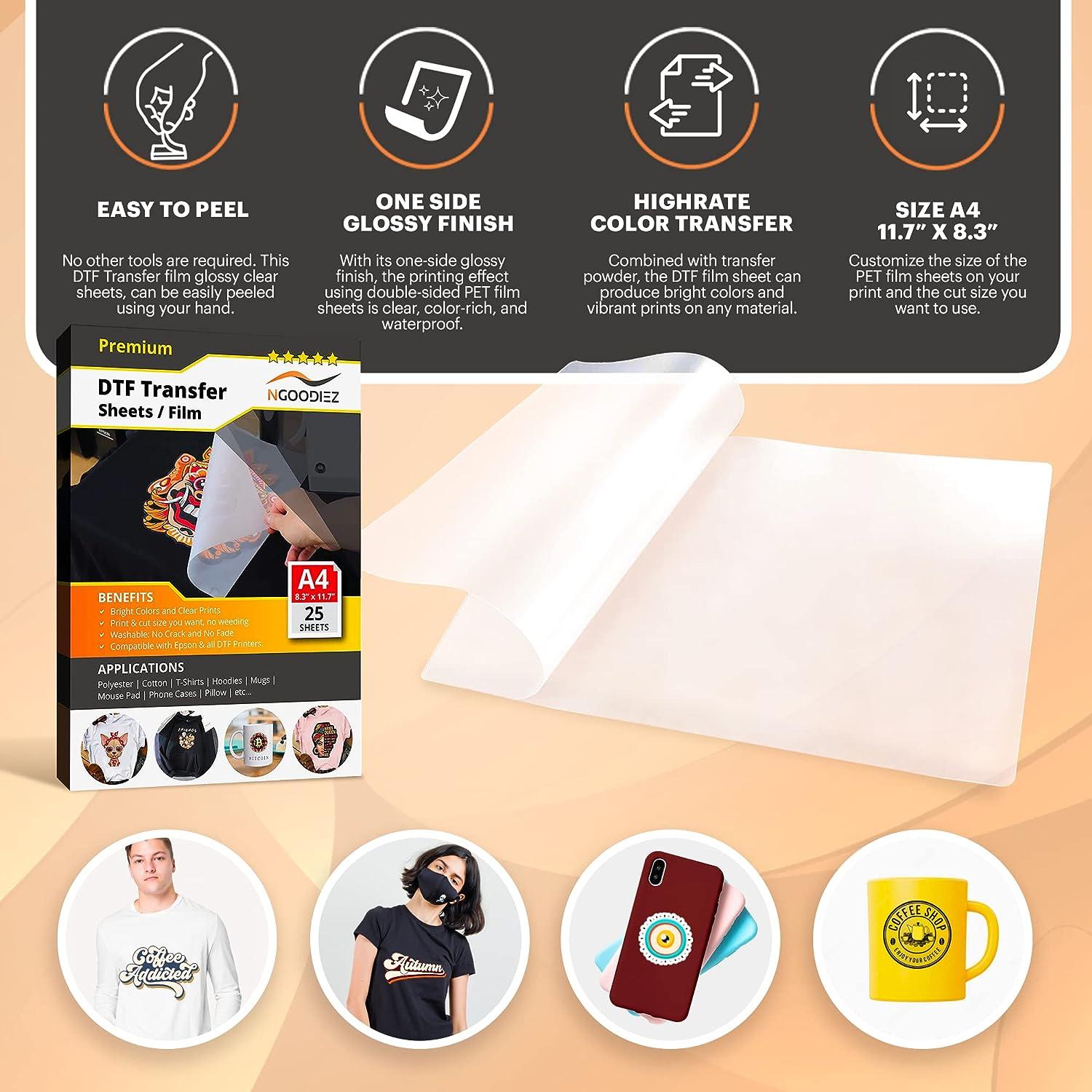 NGOODIEZ DTF Transfer Film Double-Sided Matte Clear DTF Transfer Paper  PreTreat Sheets PET Heat Transfer Paper Suited for All Modified Desktop DTF  Printers - A4 (8.3 x 11.7) 25 DTF Film Sheets 25 Sheets Matte