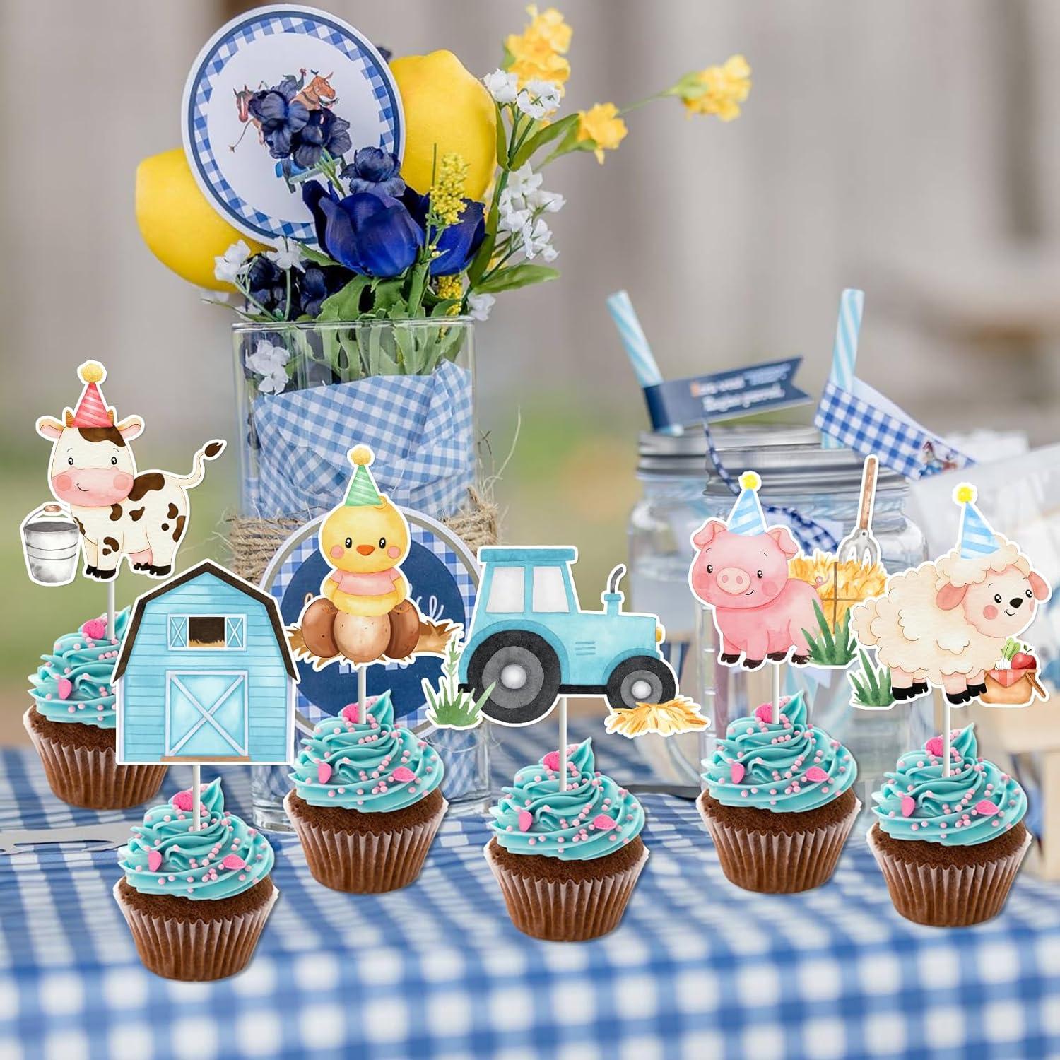 24 Pcs Farm Animal Cupcake Toppers Blue Cupcake Picks for Boys