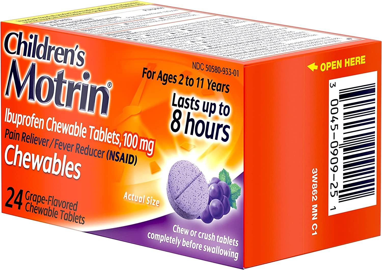 Motrin Children's Chewable Tablets with 100 mg Ibuprofen for Pain