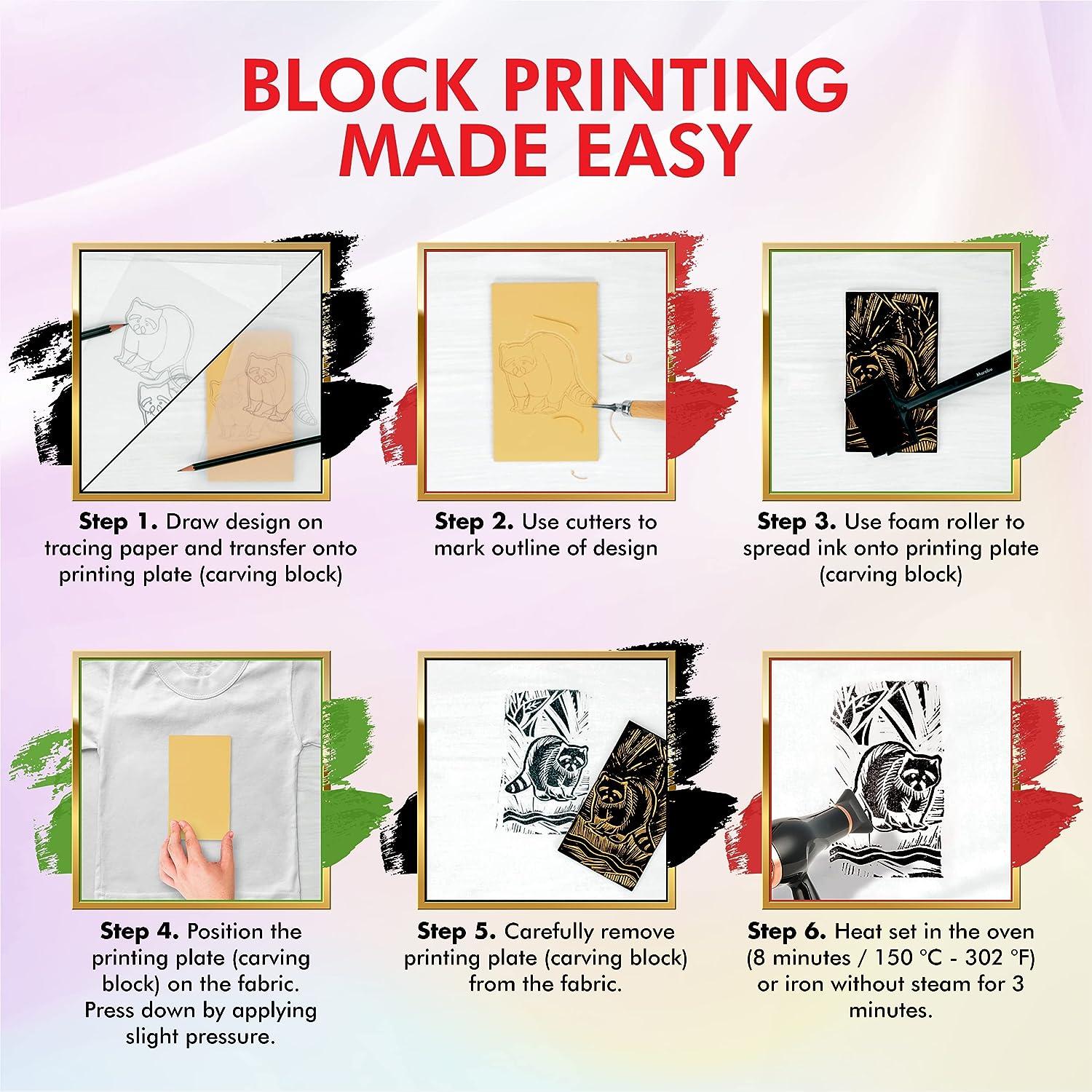Marabu Block Printing Kit - Linocut Kit with 3 x 100ml Block Printing Ink,  Cutter, Rubber Block, and Block Printing Brayer Roller - Linoleum  Printmaking Kit, Block Printing Starter Kit - 6pc Set