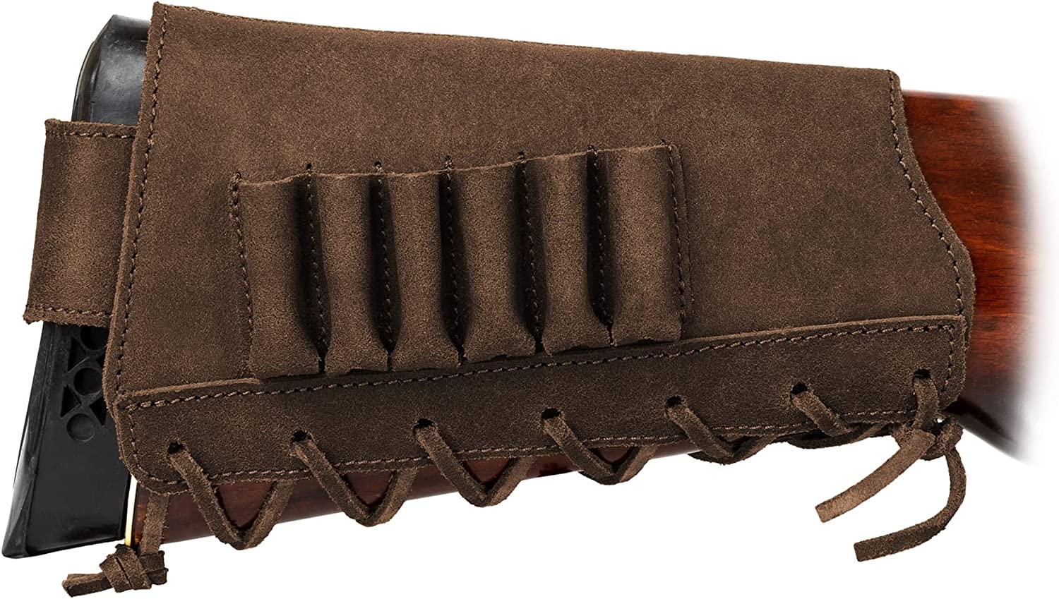 BRONZEDOG Adjustable Leather Buttstock Cartridge Holder for Rifles 12/16 Gauge, .3030, .308