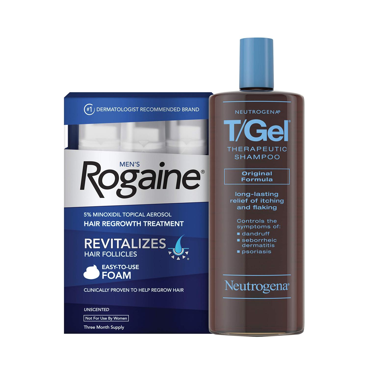 Men's Rogaine 5 Minoxidil Hair Regrowth Foam + Neutrogena T/Gel Flaky Scalp Shampoo 3Month