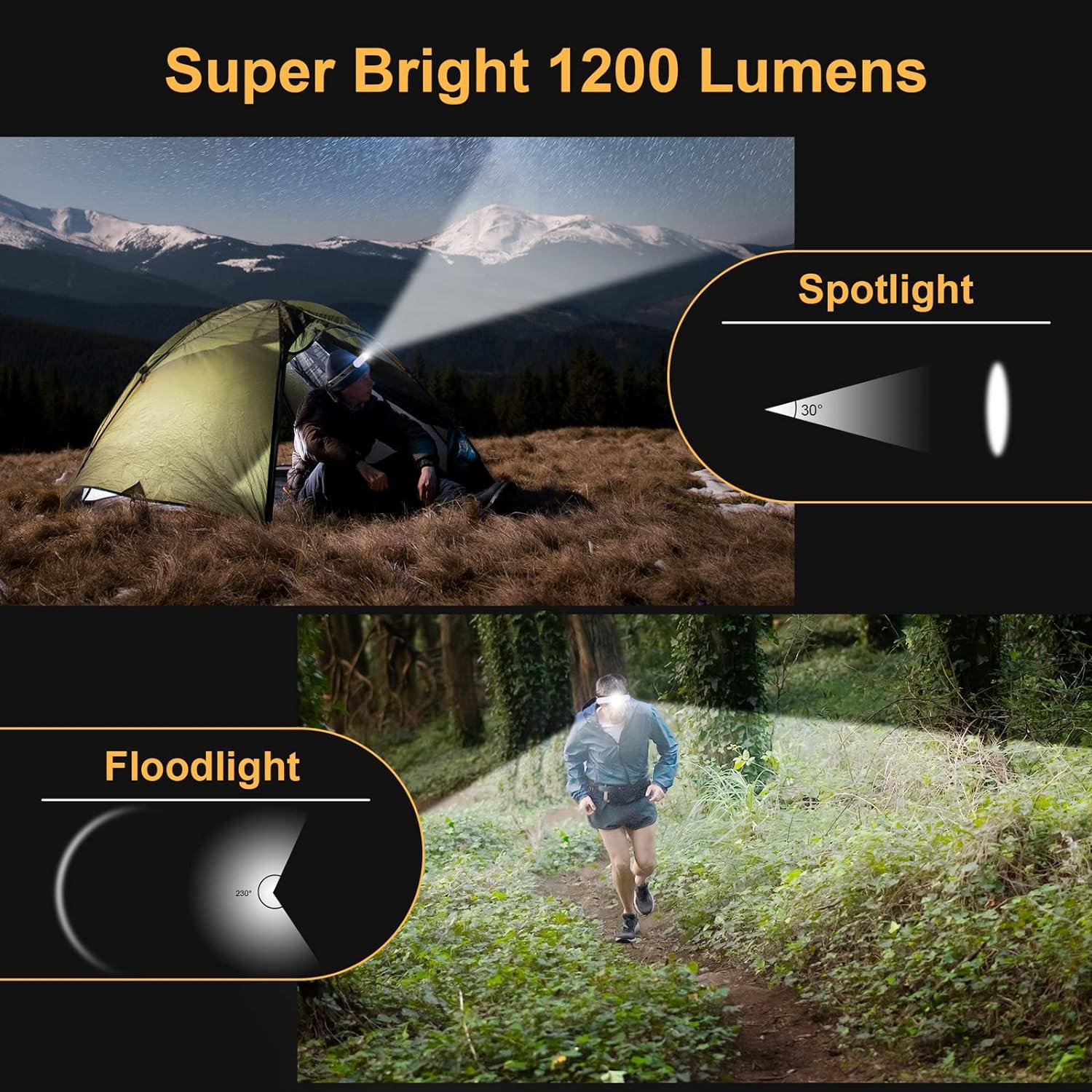 Rechargeable LED Headlight,2 Pack Headlamp With Motion Sensor, 8 Light Modes,1200 Lumens Dual Beam,Head Lamp 39H Long Battery Life,Camping Light With Charging Case For Hiking,Outdoor,Fishing