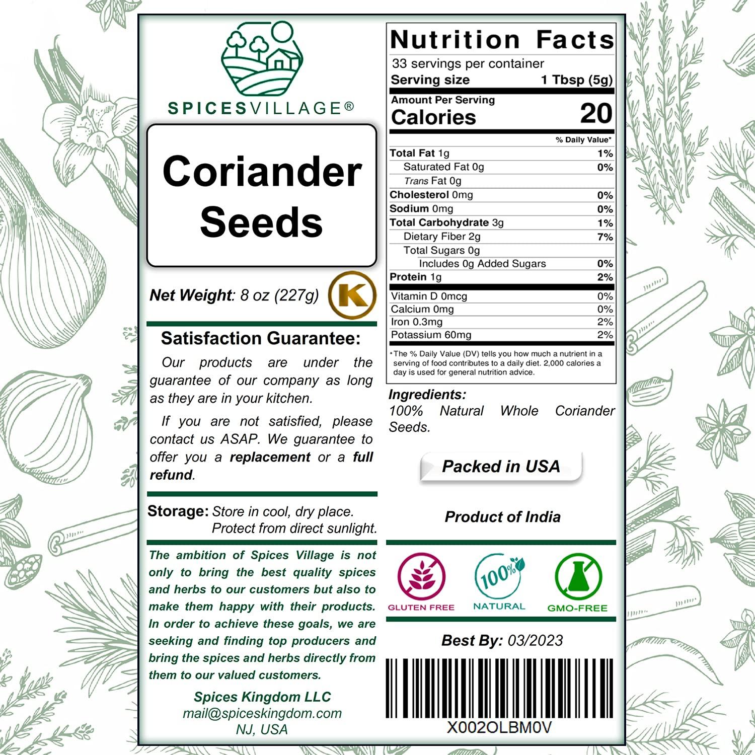 Spices Village Whole Coriander Seeds (8 oz) All Natural Indian Spice