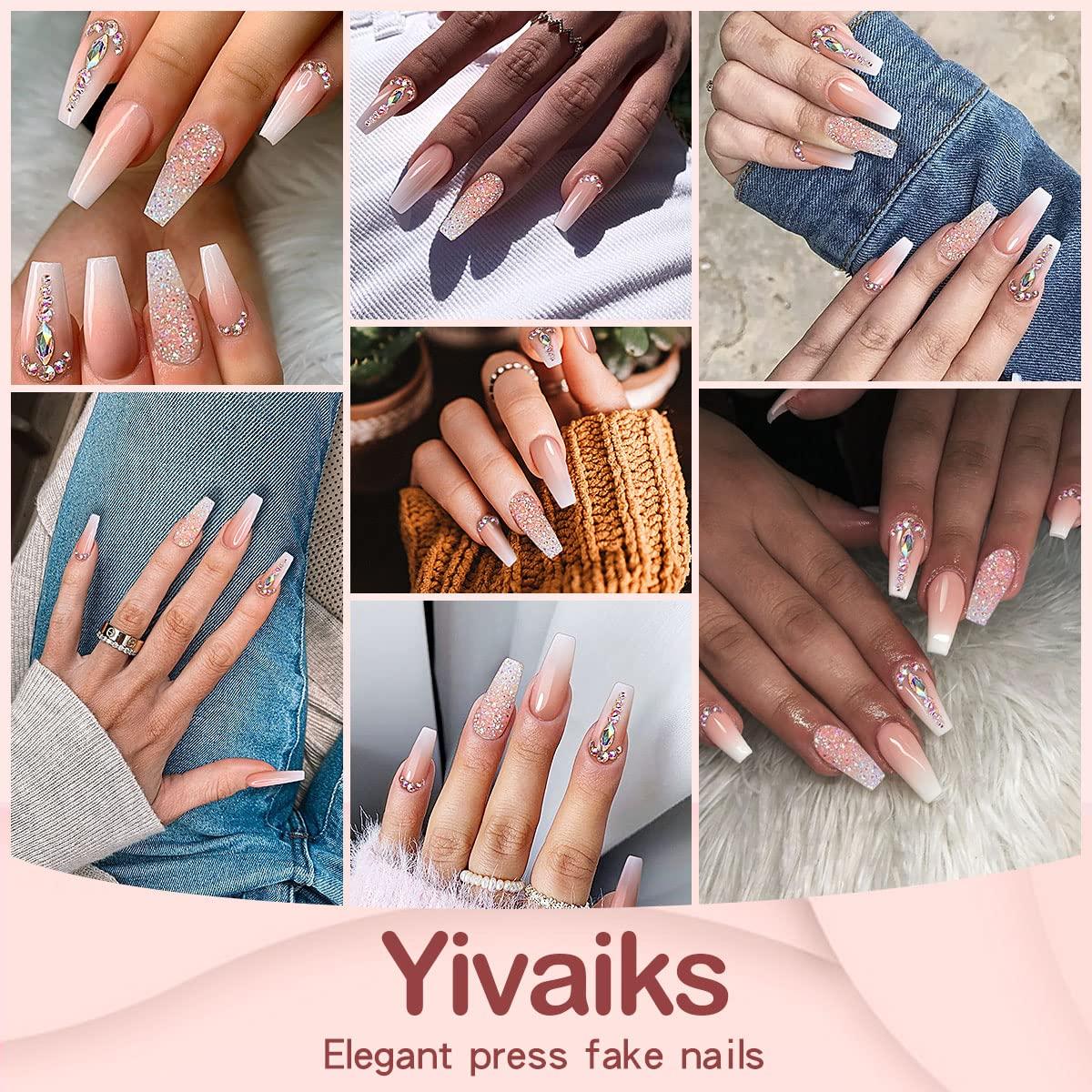 Yivaiks 24 PCS White Coffin Press on Nails Long Nails,Rhinestone Crystal  Fake Nails with Nail Glue on Nails for Women,Ballerina Acrylic Nails Glossy