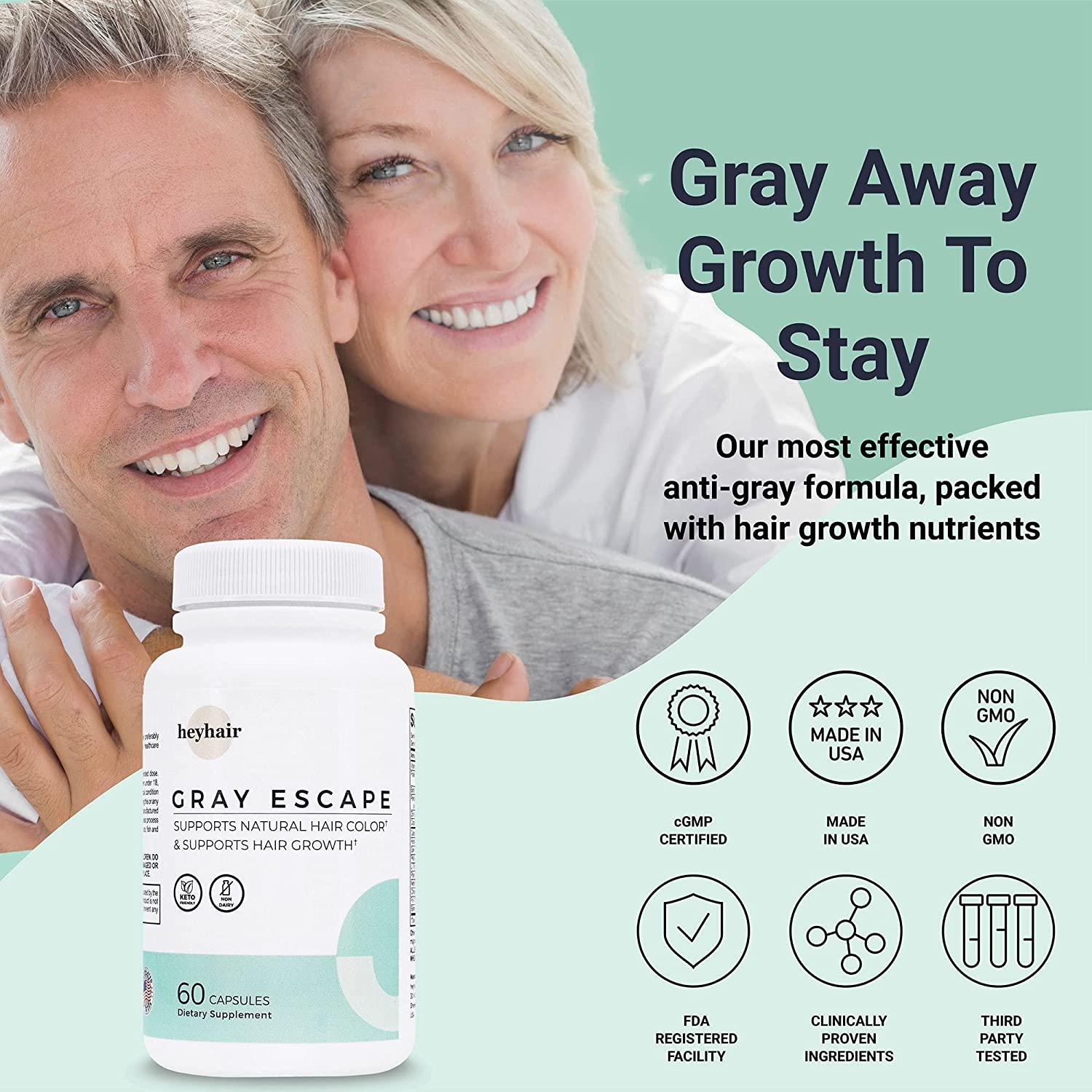 heyhair Gray Escape Advanced Anti Gray Hair Growth Supplement - Catalase,  Saw Palmetto, Biotin, FoTi, PABA (2 Capsules per Day / 1 Month Supply)