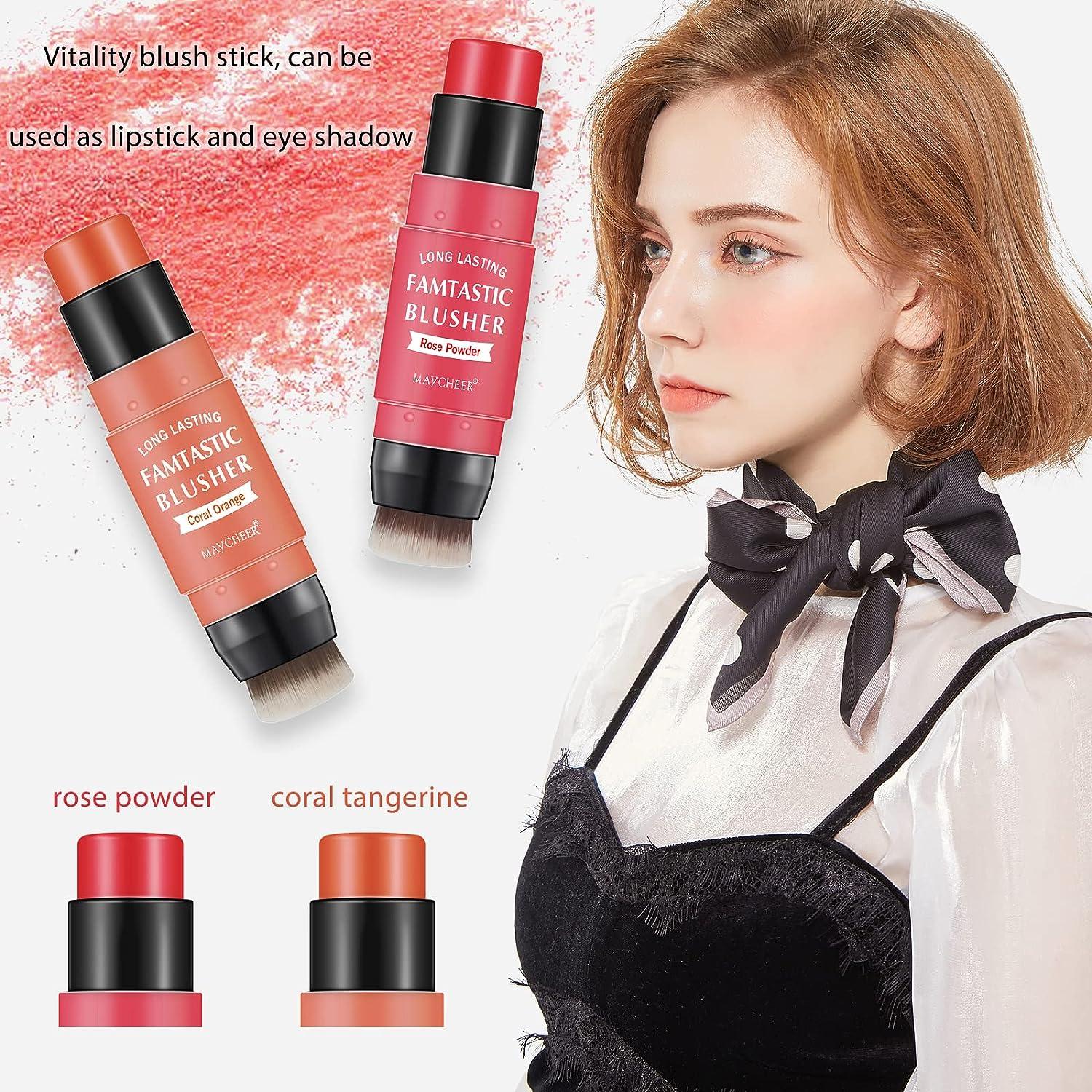 CkFyahp Cream Blush Stick with Brush 3 in 1 Makeup Stick for Cheeks