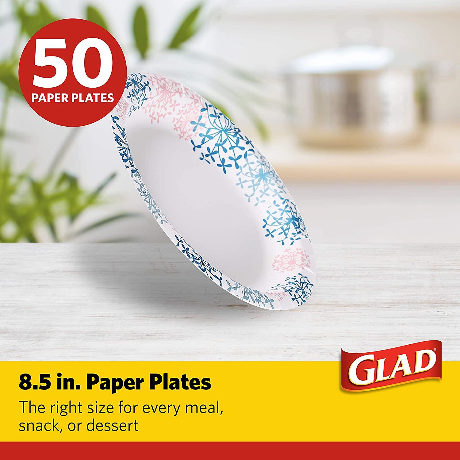 Glad Round Disposable Paper Plates for All Occasions, Soak Proof, Cut  Proof, Microwaveable Heavy Duty Disposable Plates, 8.5 Diameter, 50 Count  Bulk Paper Plates, Pink Hydrangea