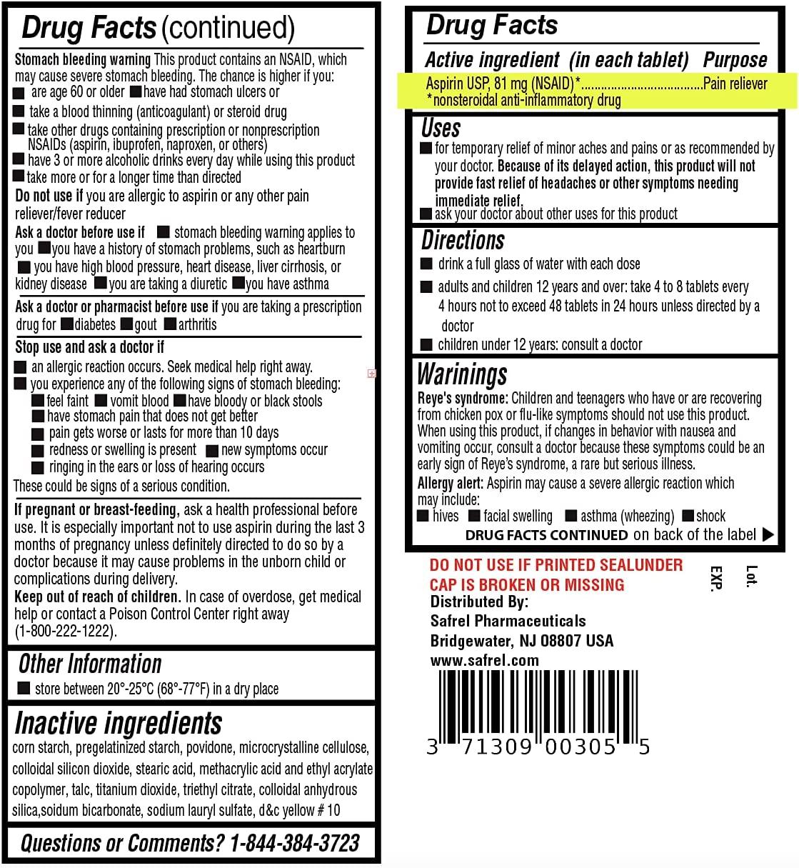 Safrel Baby Aspirin 81 mg (500 Enteric Coated Tablets) Adult Low Dose