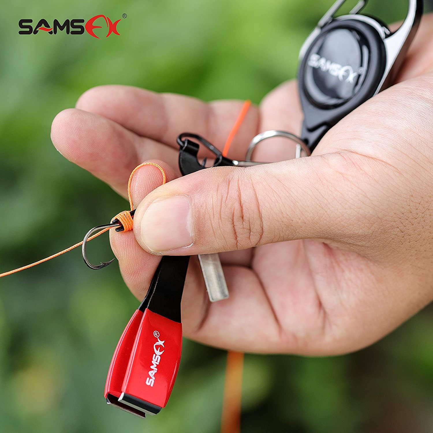 SAMSFX Fly Fishing Knot Tying Tools Quick Knot Tool for Fishing Hooks,  Lures, Flies, Trout Line Backing, Come with Zinger Retractors 2sets Black  Knot Tool(Red Grip) & Carabiner Zinger