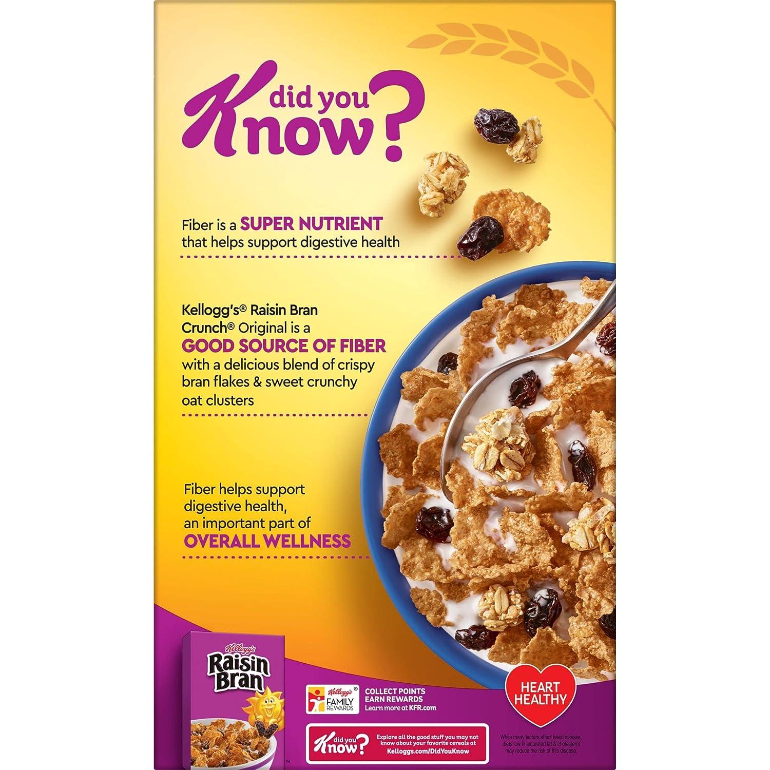 Kellogg's Raisin Bran Crunch Cold Breakfast Cereal, Fiber Cereal, Heart