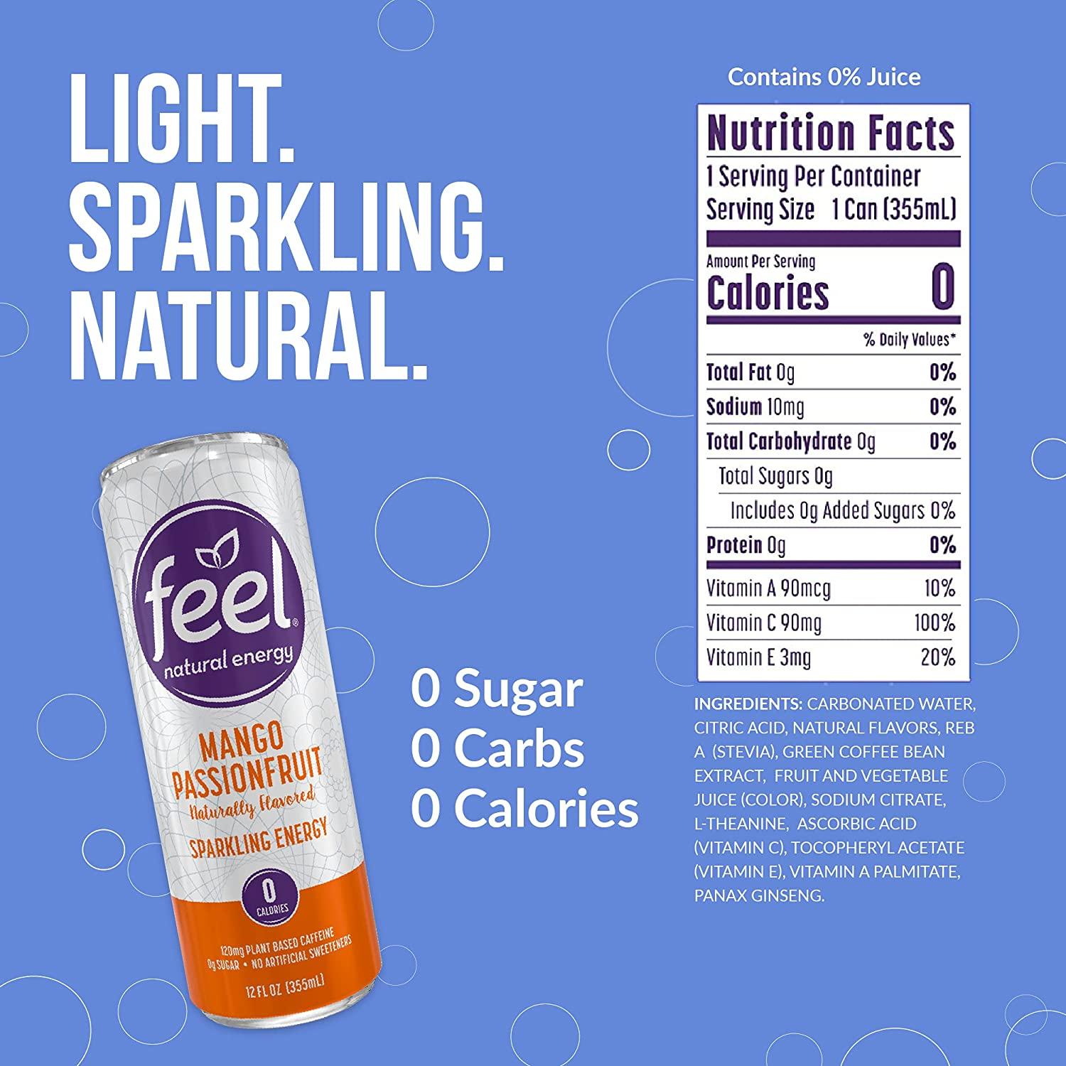 FEEL Sparkling Mango Passionfruit Natural Energy Drink, Zero Sugar Healthy Energy Drink, L