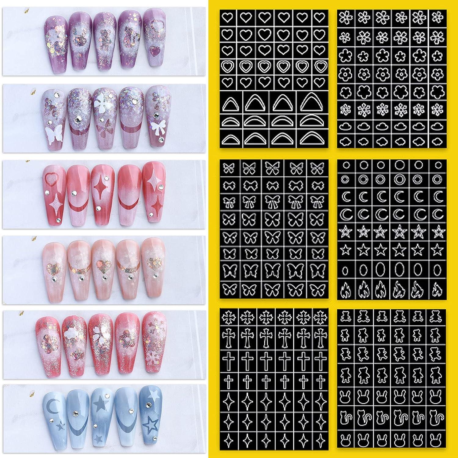 XEAOHESY 10 Sheets Airbrush Stencils Nail Stickers for Nails Self-Adhesive  Heart Butterfly Flower Moon Star Flame French Tip Nail Decals Stencils Tool