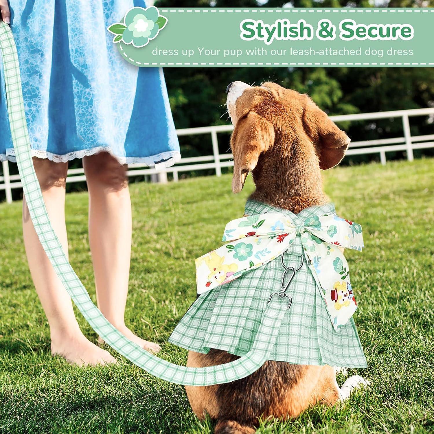 ABRRLO Cute Plaid Dog Dress Harness Leash Set for Small Medium Dog Cats  Girl Green Summer