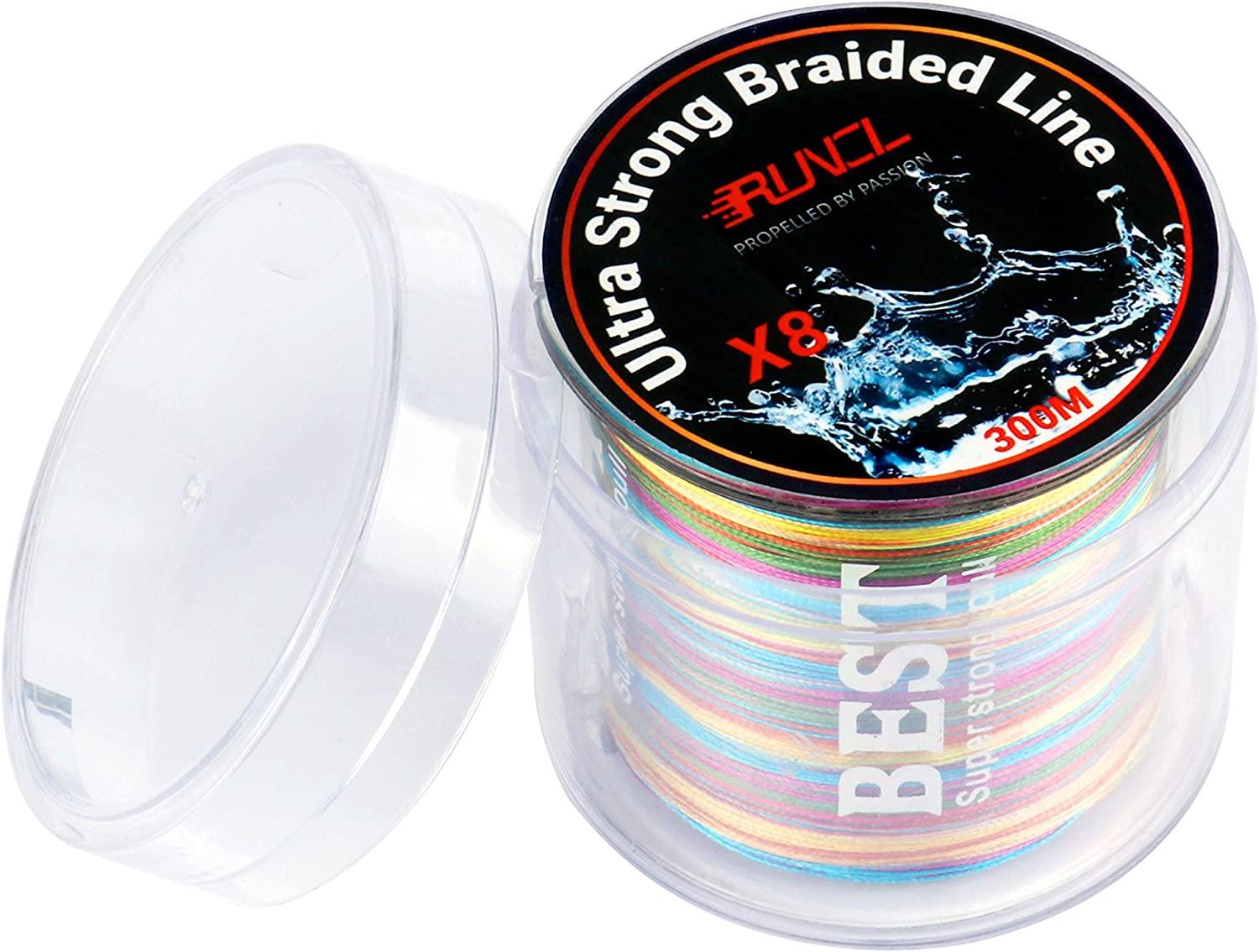 RUNCL Braided Fishing Line, 8 Strand Abrasion Resistant Braided Lines,  Super Durable, Smooth Casting, Zero Stretch, Smaller Diameter, Rainbow  Color for Extra Visibility, 328-1093 Yds, 12-100LB A - 328Yds/300M(8  Strands) 10