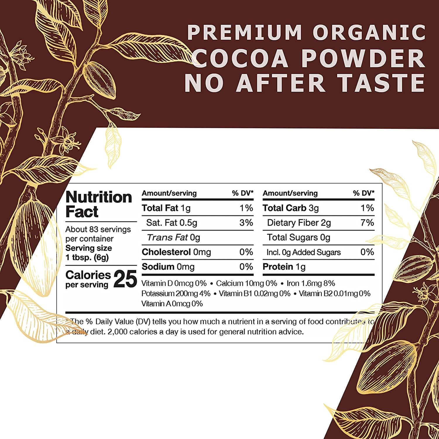 Organic Cocoa Powder Unsweetened (17.6 Oz) Rich Dark Chocolate Flavor Keto Friendly, Gluten