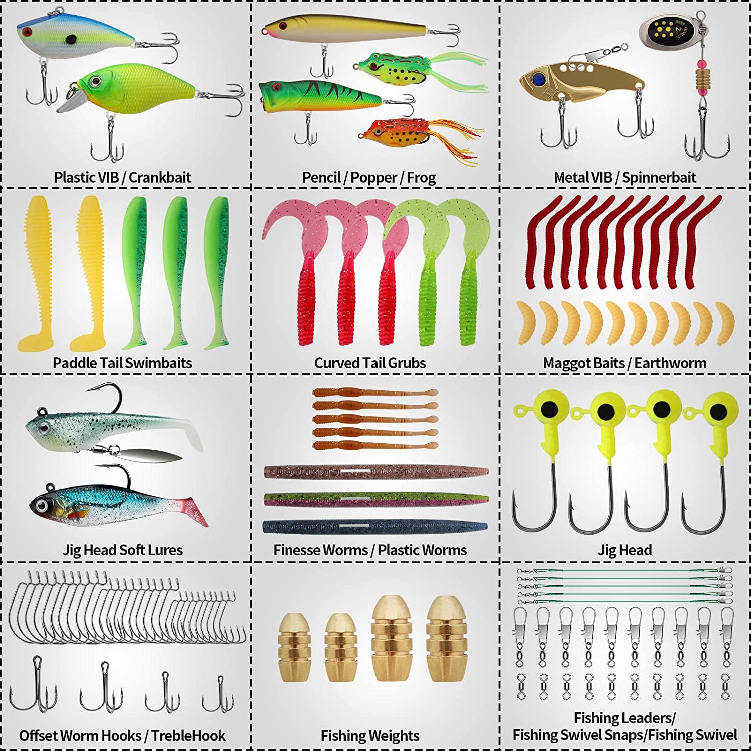 TRUSCEND Fishing Lures Kit with Tackle Box for Bass Trout Selmon Fishing  Gear Set Including Crankbaits Spinnerbaits Soft Plastic Lure Worms Jigs  Head Hooks Fishing Accessories Freshwater Saltwater C-115Pcs Fishing Lure