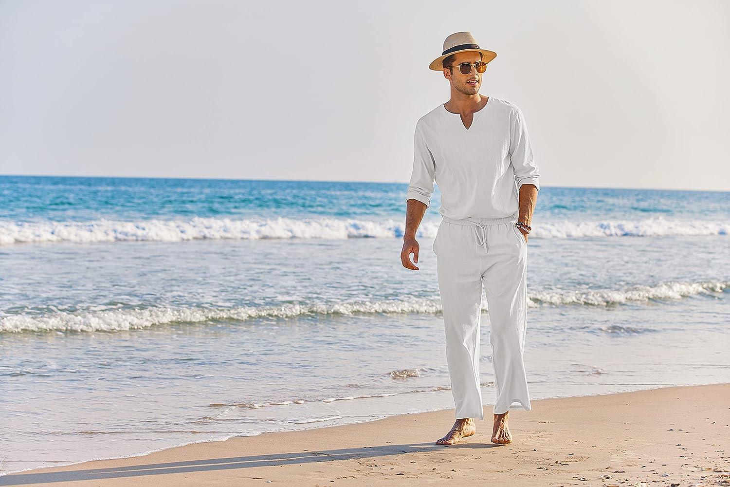 COOFANDY Men's 2 Pieces Cotton Linen Set Henley Shirt Long Sleeve and Casual  Beach Pants Summer Yoga Outfits 01-white Medium