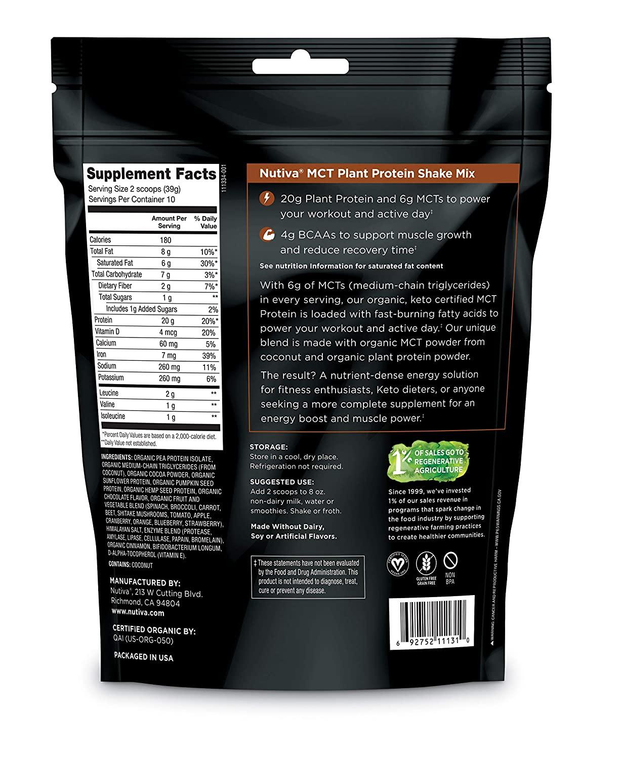 Nutiva Organic MCT Protein Plant-Based Shake Mix Chocolate ...