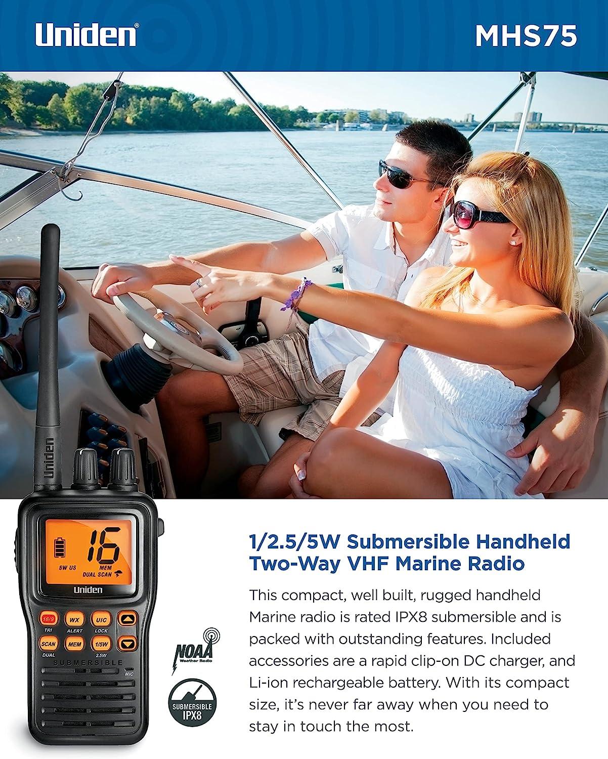 Uniden MHS75 Waterproof Handheld 2Way VHF Marine radio, Submersible
