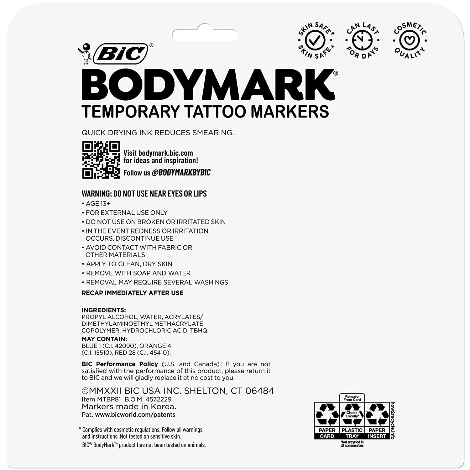 BodyMark by BIC, Temporary Tattoo Marker, Skin Safe, Flexible Brush Tip,  Long-Lasting, Assorted Colors, 8-Pack (Colors/Stencils Will Vary) 8 Piece  Set Color Collection