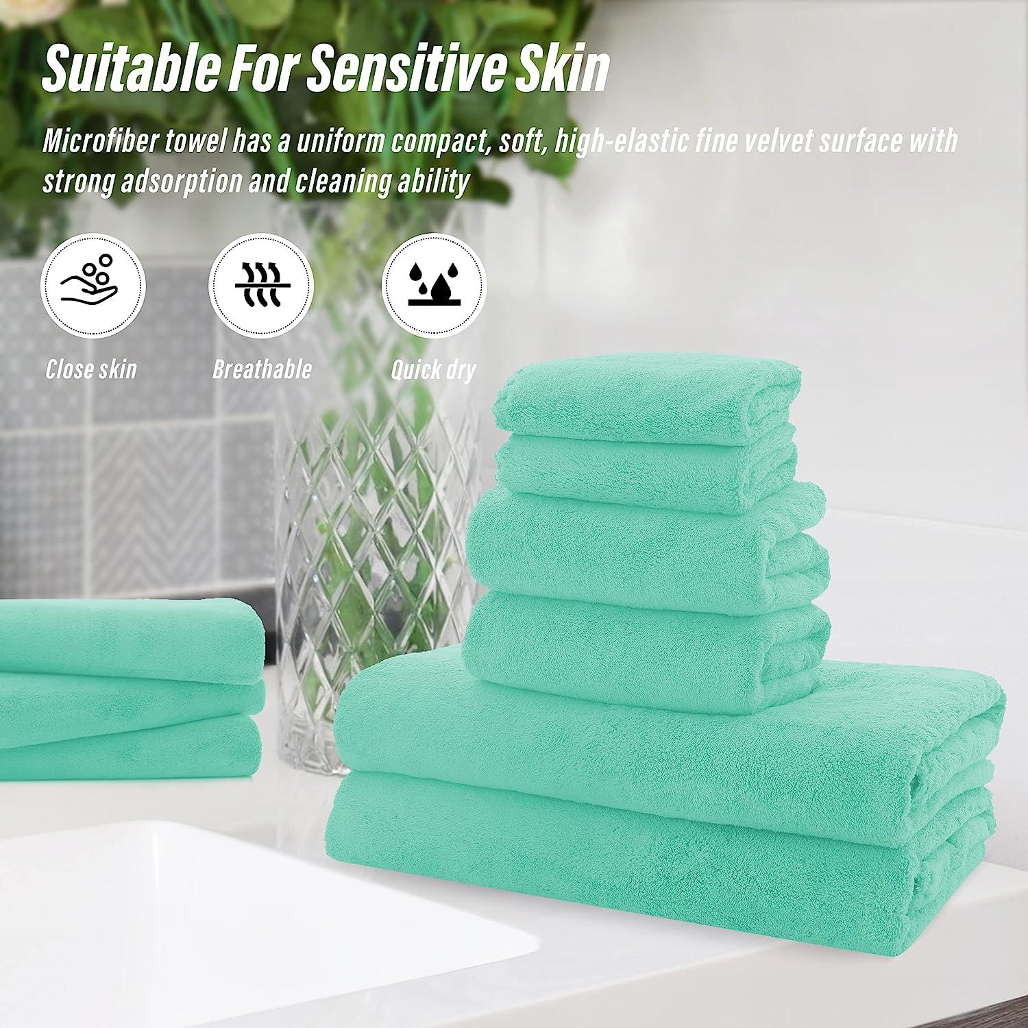 MOONQUEEN Ultra Soft Towel Set-Quick Drying - 2 Bath Towels 2 Hand Towels 2  Washcloths-Microfiber Coral Velvet Highly Absorbent Towel for Bath  Fitness,Bathroom,Sports,Yoga, Travel(Aqua Green, 6 Pcs)