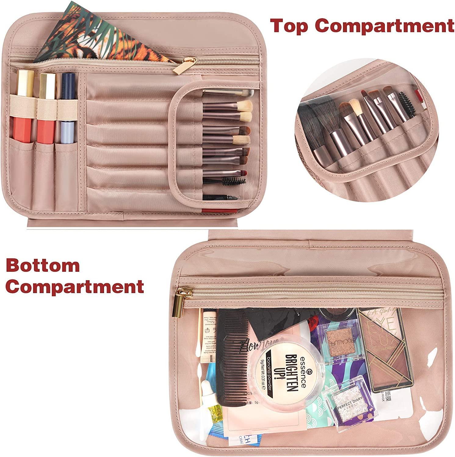 Toiletry Bag, Hanging Travel Makeup for Women, Large Waterproof Bags Travel Organizer Full Sized Container with Elastic Band Holders for Toiletries, Cosmetics, Brushes, Bottle, Pink Austere Pink