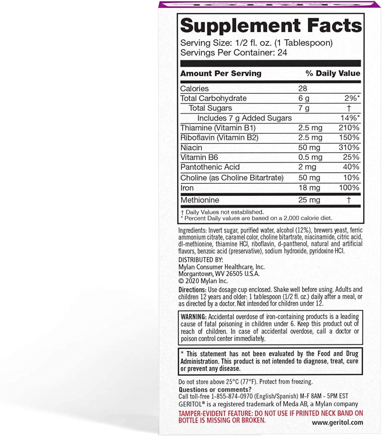 Geritol BVitamins and Iron Liquid Supplement, 12Ounce, 2 Count 12 Fl