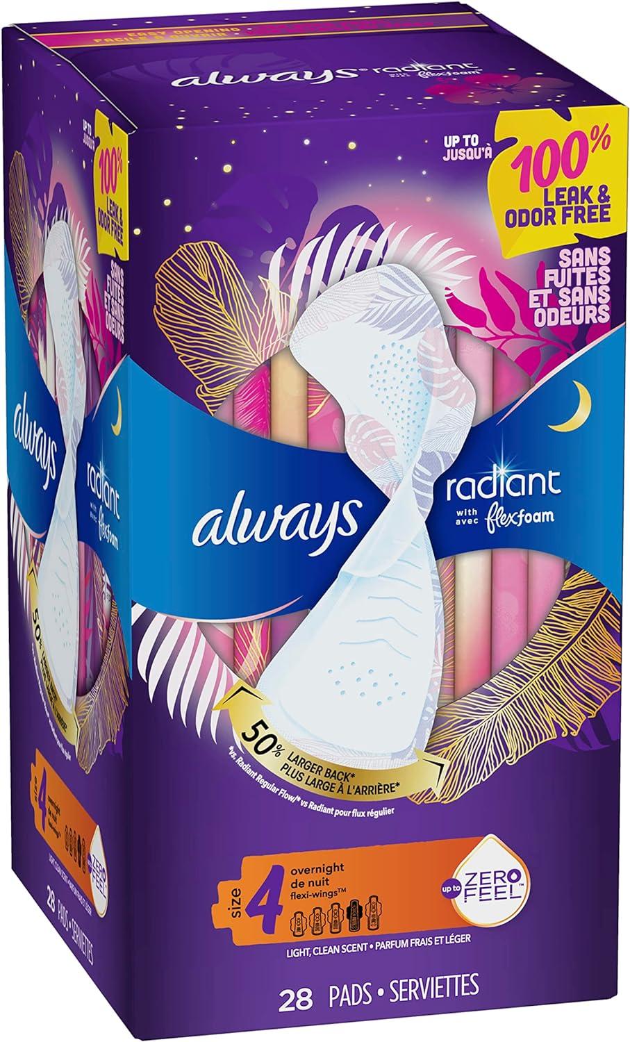 Always Radiant FlexFoam Pads with Wings Overnight Absorbency Size 4  Scented, 10 count - Fry's Food Stores