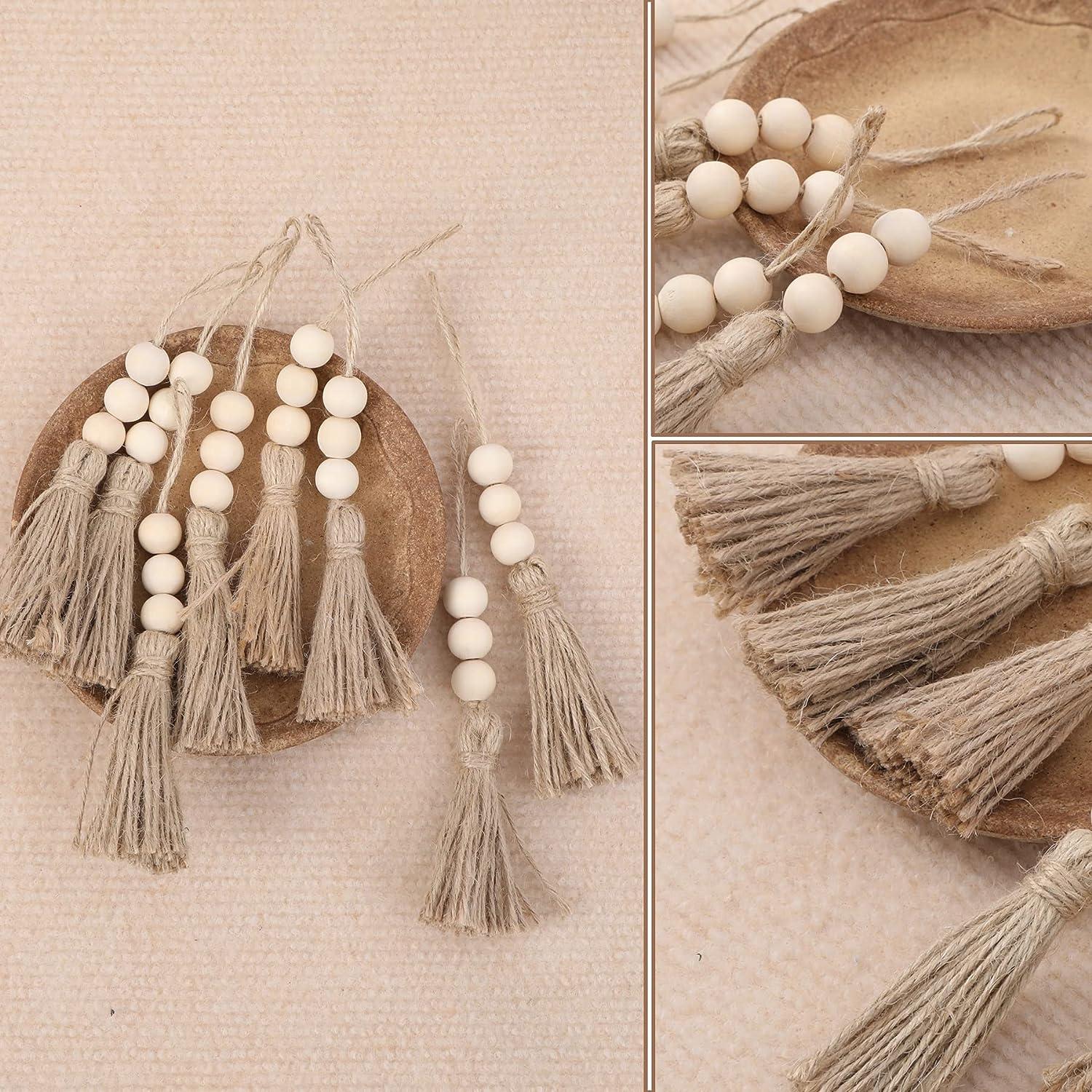 40 Sets Jute Tassels with 3 Wood Beads Natural Jute Rope Tassels Beaded  Tassels for Crafts Farmhouse Decorative Sewing Tassels Home Decor Tassels  for