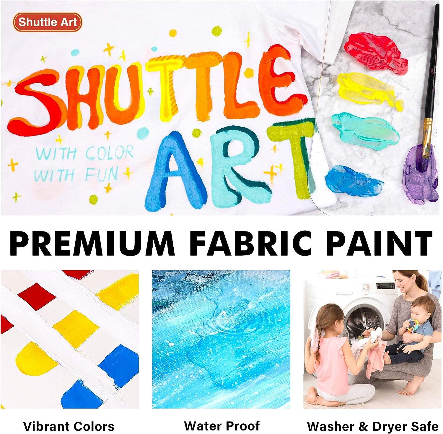 Shuttle Art Textielverf, 18 kleuren (60 ml), niet-giftige textielverf, met penselen, paletsjablonen, verf voor stof, T-shirts, schoenen, tassen