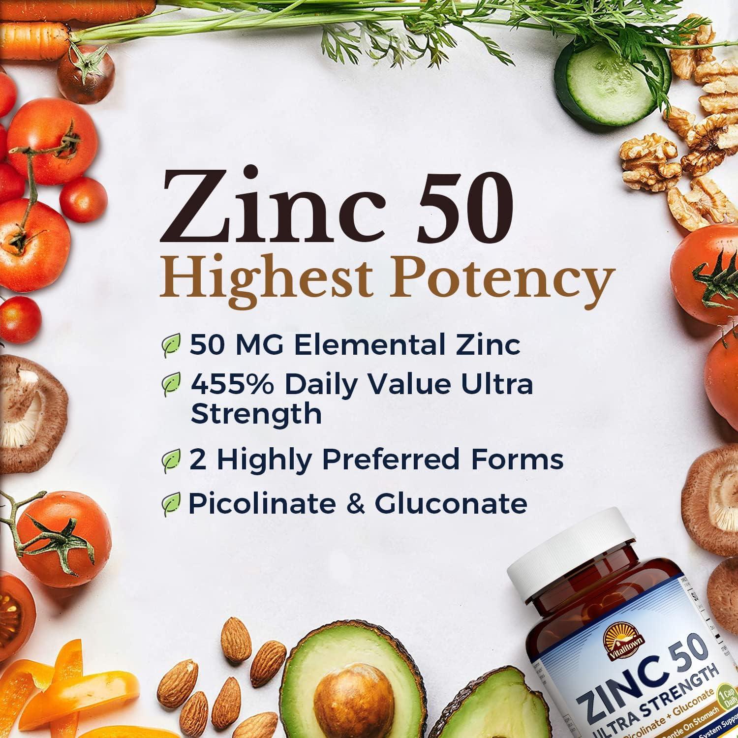 Vitalitown Zinc 50 mg Zinc Picolinate Zinc Gluconate 60 Veggie Capsules