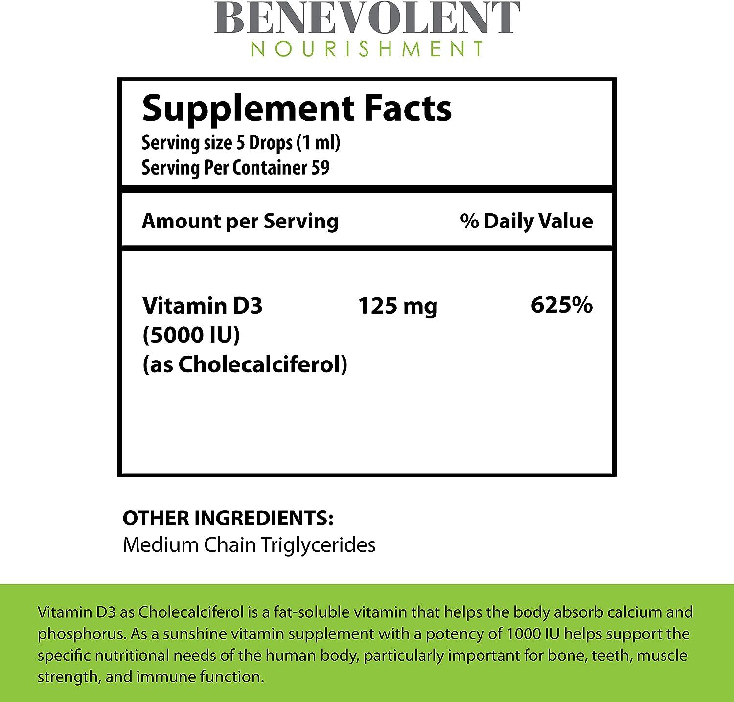 Benevolent Nourishment Vitamin D3 Drops 5000 IU Fast Absorbing Liquid