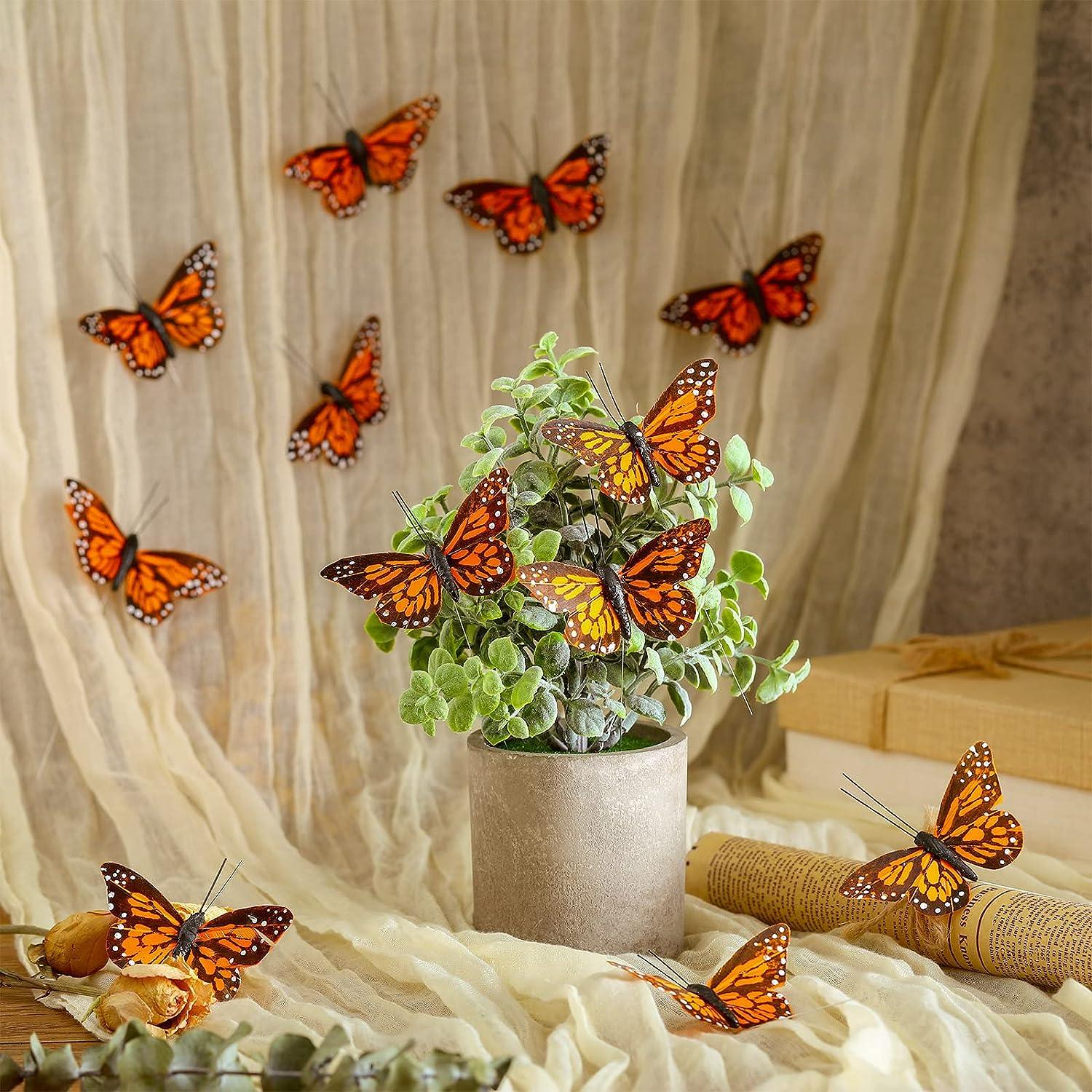 12 Set Monarch Butterfly Decorations Feather Butterflies Picks