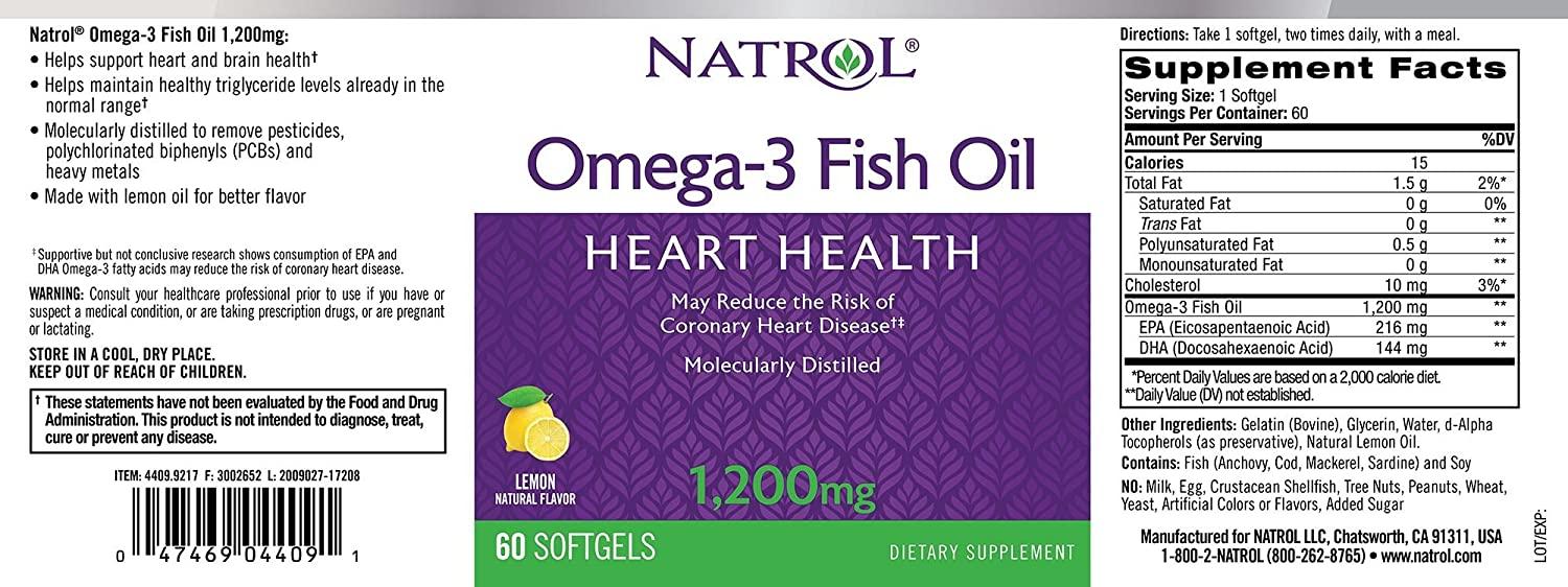 Natrol Omega3 1200mg Fish Oil, 60 Softgels Omega3 Fish Oil 60 Count