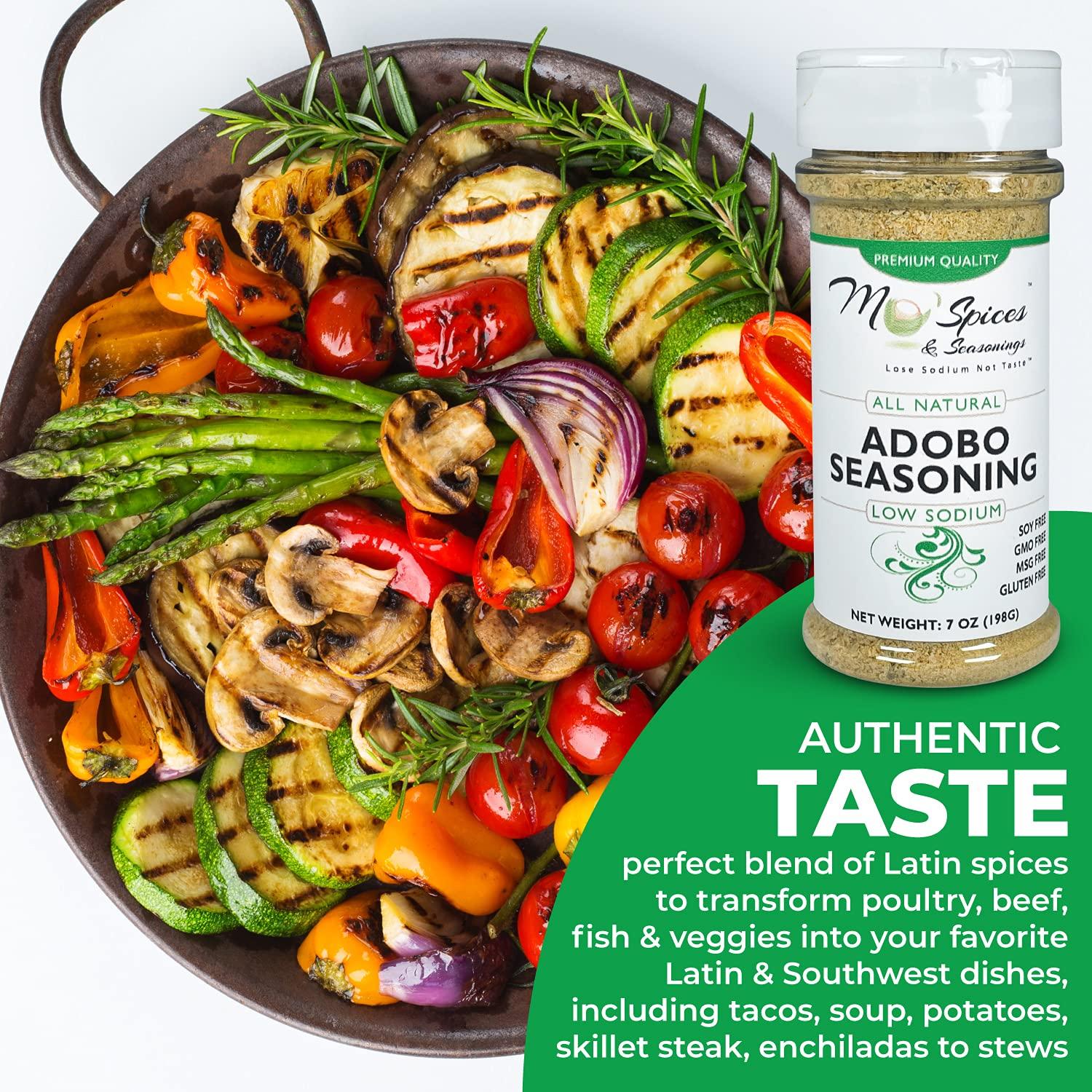 Mo'Spices & Seasonings - Adobo Seasoning, Low Sodium, Gluten Free, Non-GMO,  Soy Free, MSG Free, Vegan, Paleo & Keto Friendly-Health Conscious-Sea Salt